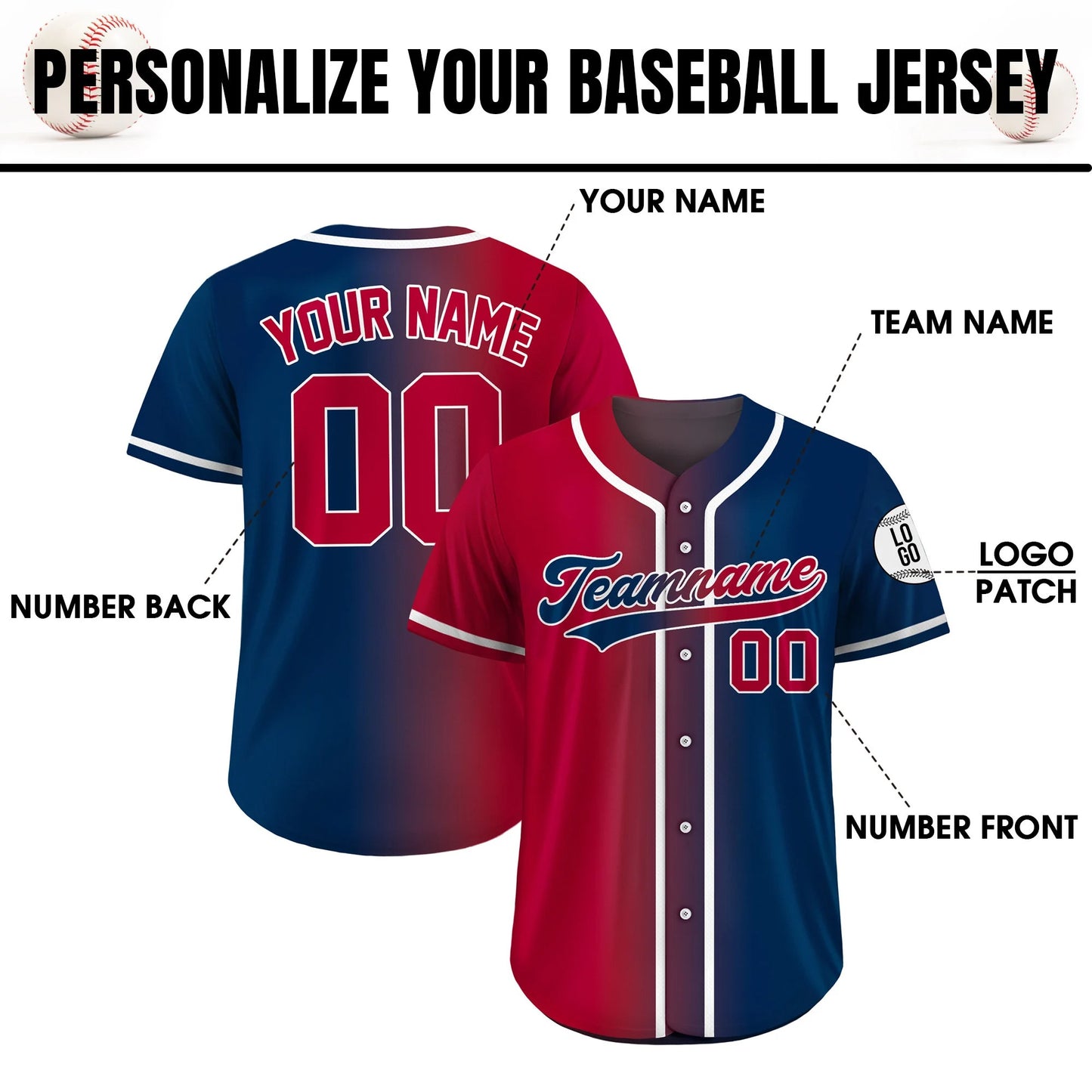 Custom Baseball Jersey Gradient With Teamname Name Number, Custom Jersey Shirt for Men Women Youth Kid, Gift for Baseball Navy Red