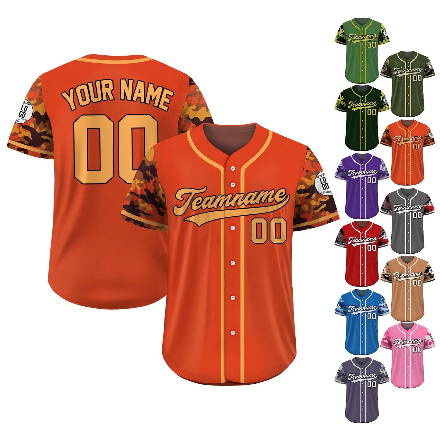 Custom Camo Baseball Jersey Custom Name Number Logo, Personalized Baseball Jersey for Adult Kid, Camouflage Baseball Jersey Uniform Orange