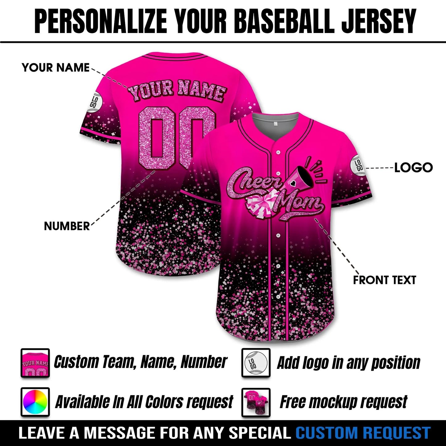 Custom Name Cheerleading Shirt for Cheerleader, Personalized Name Number Glitter Baseball Jersey, Cheer Team Gifts, Mom Gift on Mothers Day