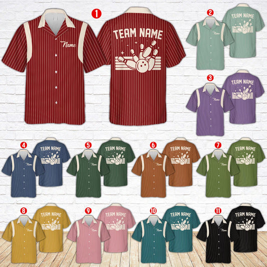 Personalized Retro Stripe Bowling Hawaiian Shirt, Custom Name Bowler Button Shirt, Matching Bowling Squad Shirt, Personalized Bowling Team Gift