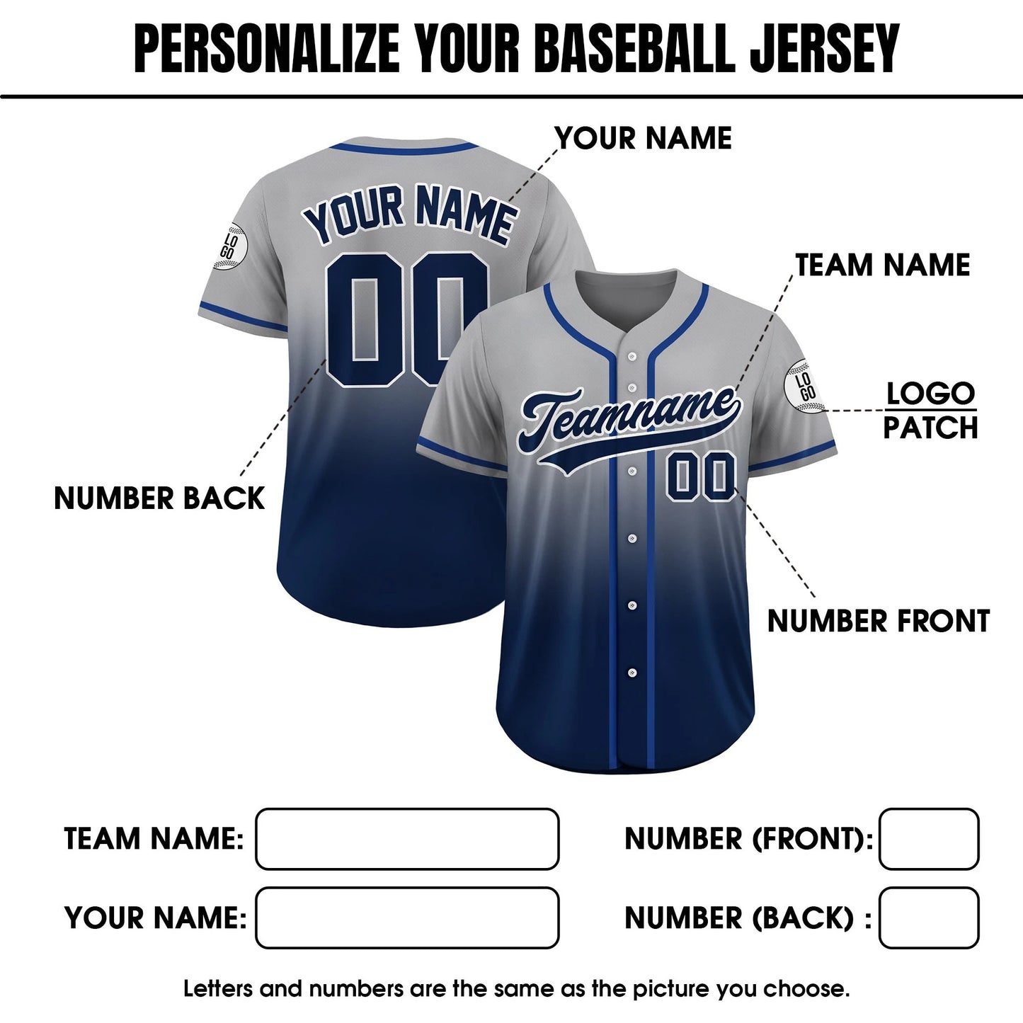 Custom Baseball Jersey Gradient With Teamname Name Number Logo, Personalized Jersey Shirt for Adult Kid, Gift for Baseball Fans Navy Gray