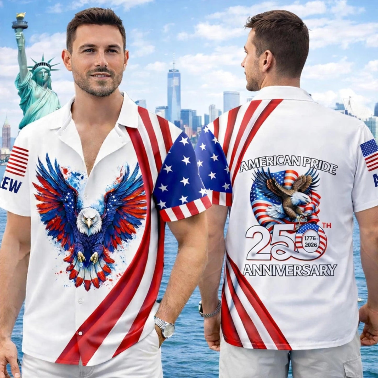 Personalized Hawaiian Shirt America 250th Anniversary 1776-2026, Custom Patriotic Aloha Shirt, 4th of July USA Gift for Men