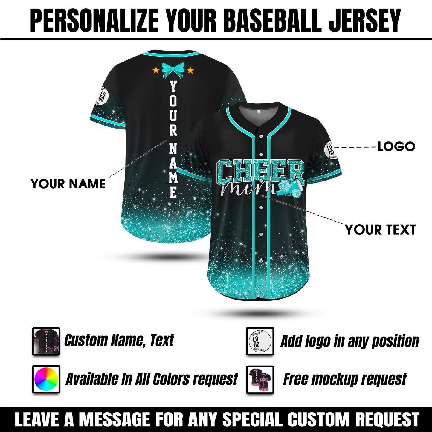 Personalized Glitter Cheer Mom Jersey, Custom Name Number Glitter Baseball Jersey, Cheerleading Team Gift for Mom, Competition Day Apparel