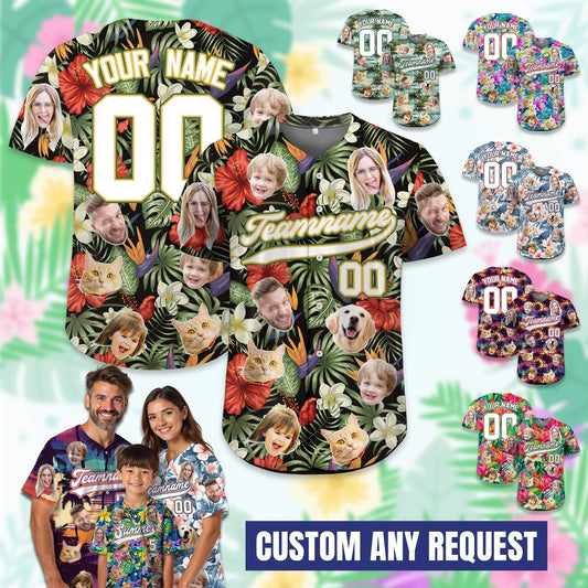 Custom Hawaiian Baseball Jersey With Face Teamname Name Number, Personalized Hawaii Floral Shirt for Men Women Youth Preschool Button Shirt