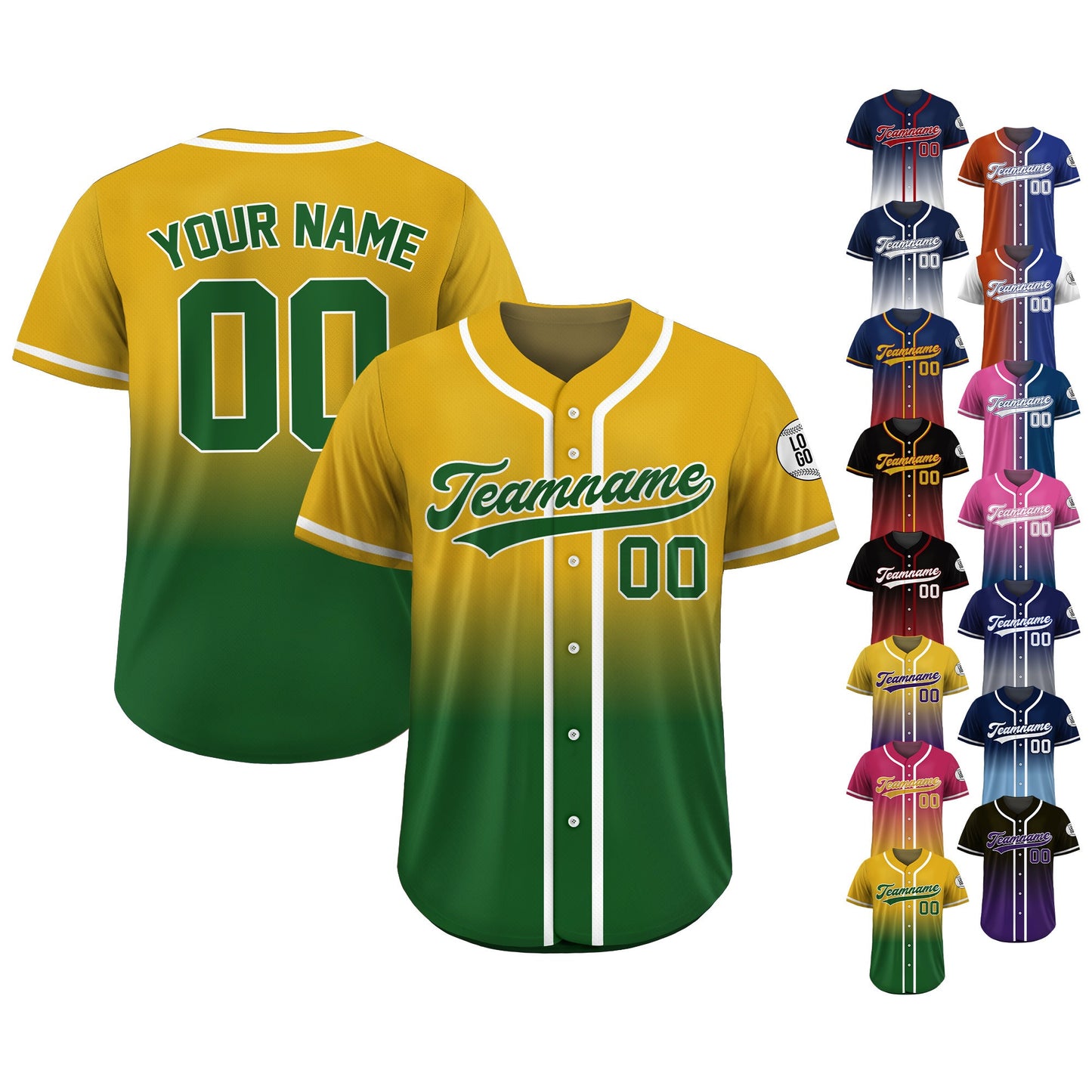 Gradient Custom Baseball Jersey With Teamname Name Number, Jersey Shirt for Men Women Youth Kid, Gift for Baseball Fan Green Yellow Printed
