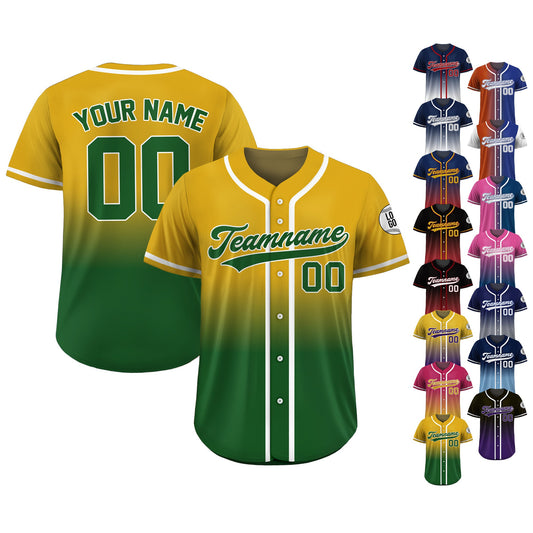 Gradient Custom Baseball Jersey With Teamname Name Number, Jersey Shirt for Men Women Youth Kid, Gift for Baseball Fan Green Yellow Printed