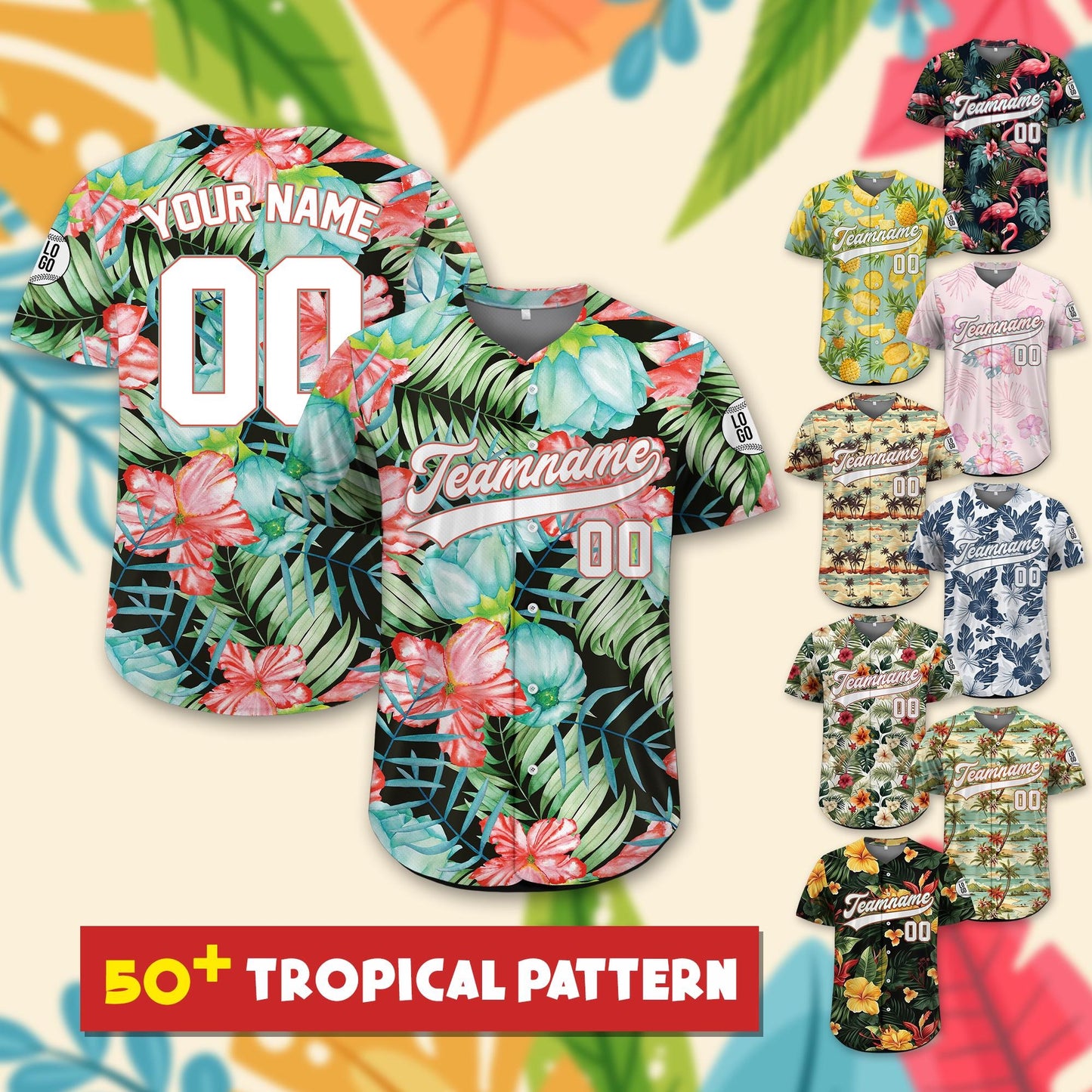 Custom Hawaiian Baseball Jersey With Team Name Number Logo, Personalized Hawaii Floral Shirt for Men Women Youth Preschool Button Shirt