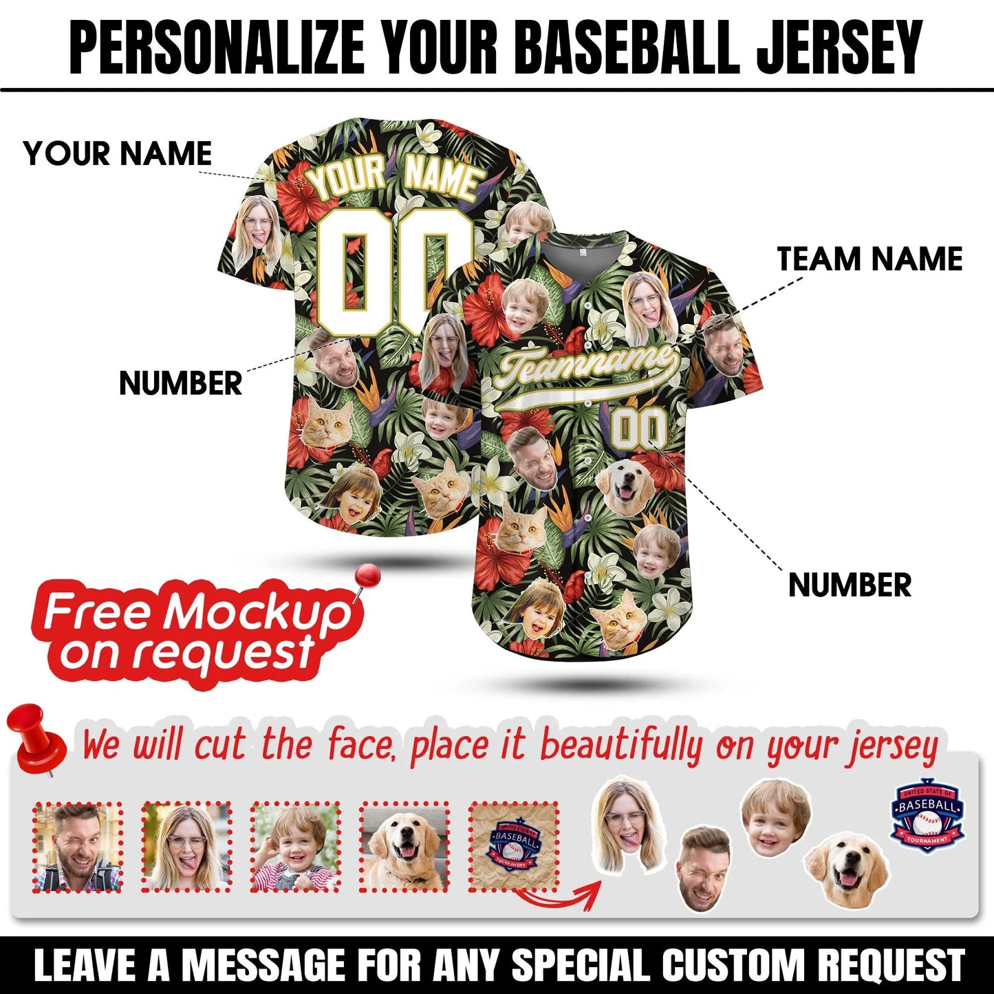 Custom Hawaiian Baseball Jersey With Face Teamname Name Number, Personalized Hawaii Floral Shirt for Men Women Youth Preschool Button Shirt
