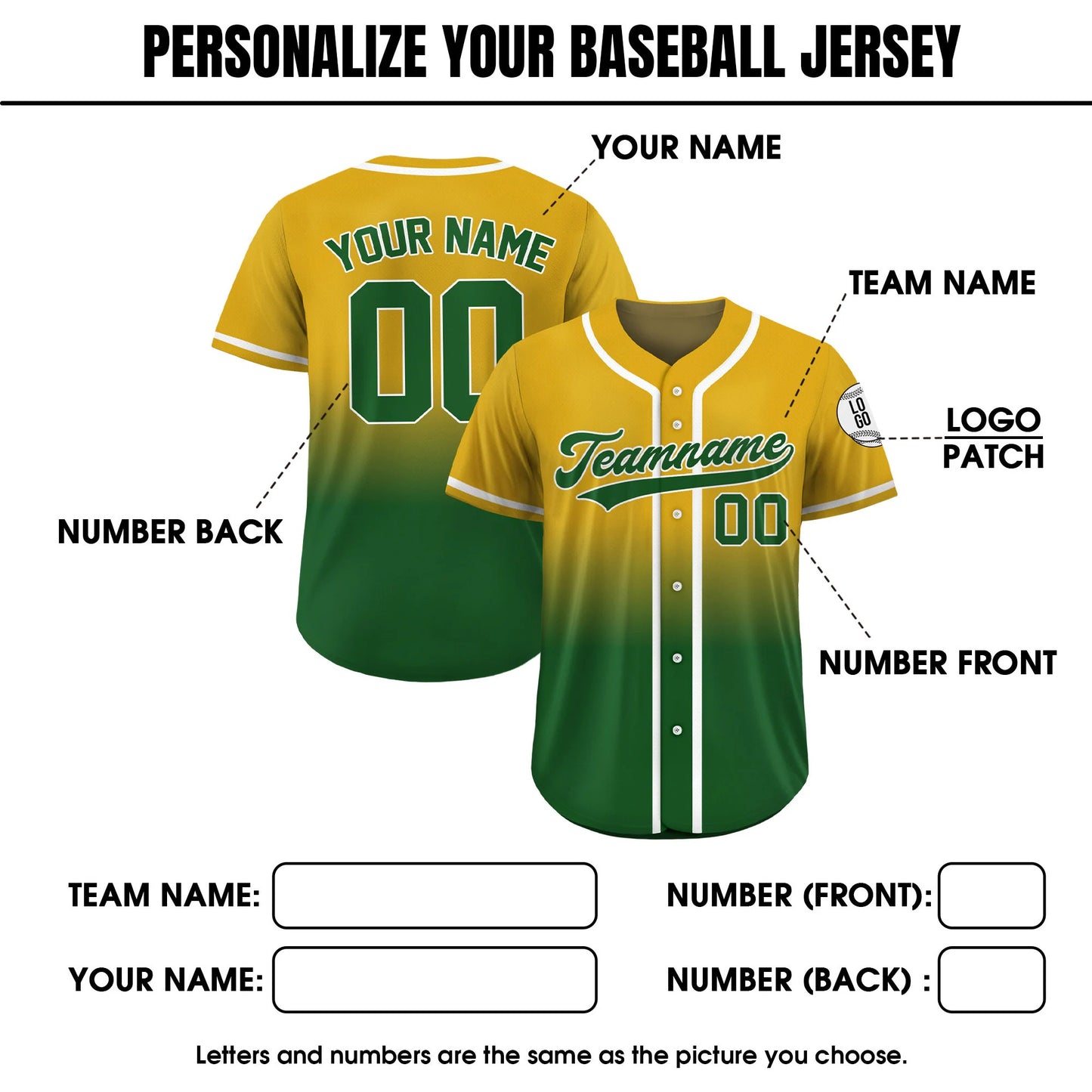 Gradient Custom Baseball Jersey With Teamname Name Number, Jersey Shirt for Men Women Youth Kid, Gift for Baseball Fan Green Yellow Printed