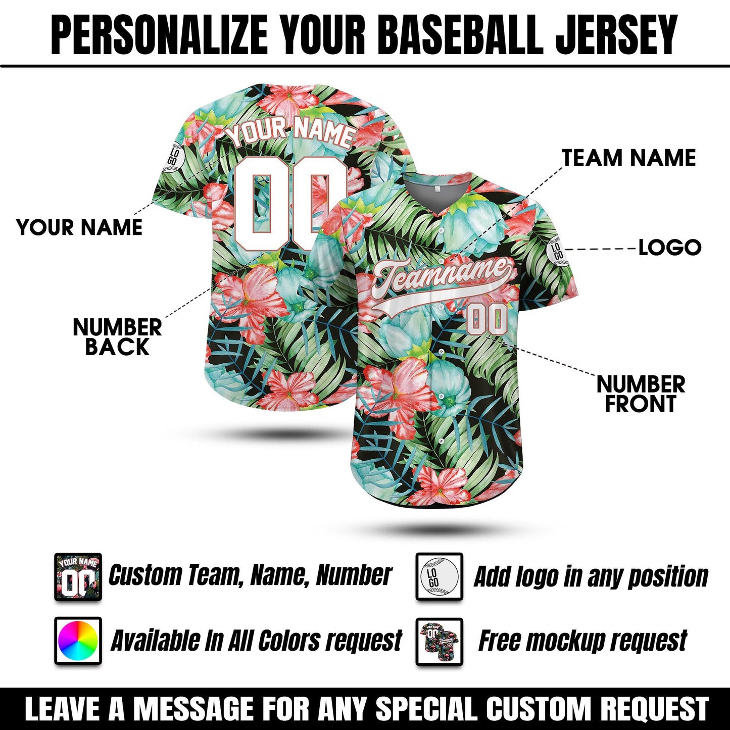 Custom Hawaiian Baseball Jersey With Team Name Number Logo, Personalized Hawaii Floral Shirt for Men Women Youth Preschool Button Shirt