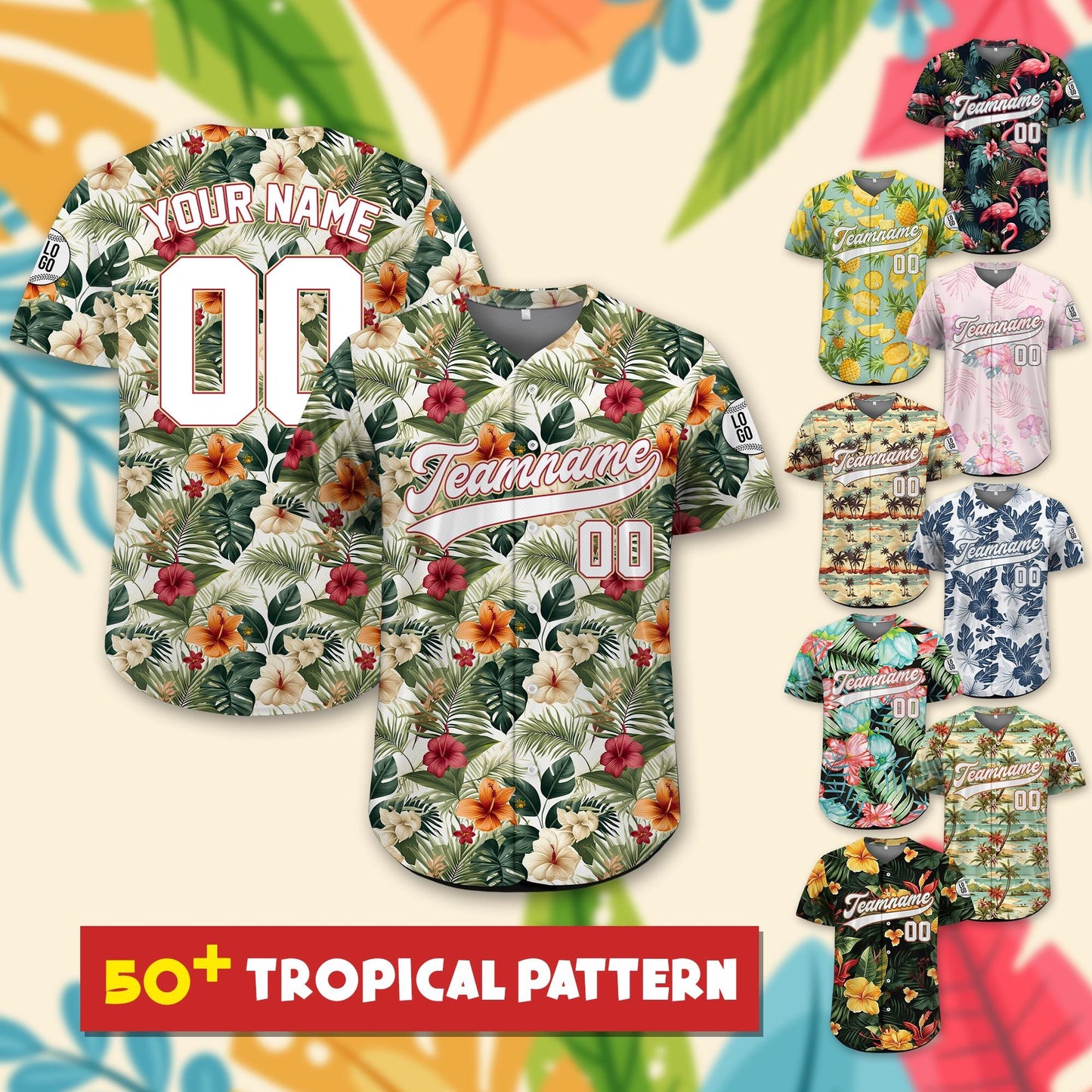 Personalized Hawaiian Baseball Jersey for Adult Youth Kid With, Custom Team Name Number Flower Beach Vacation Tropical Matching Jersey