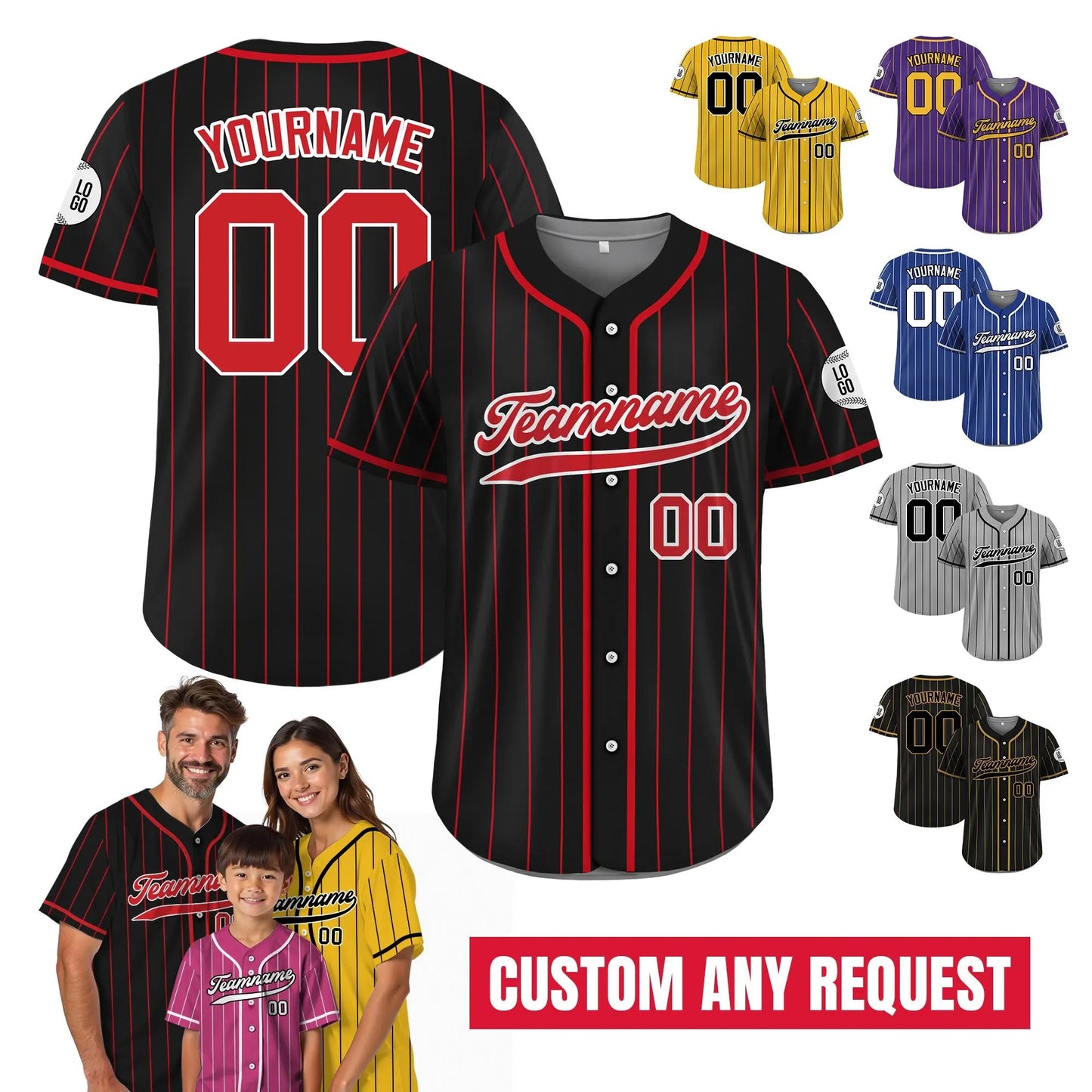 Personalized Baseball Jersey With Teamname Name Number, Jersey for Men Women Youth, Personalized Pinstripe Button Down Jersey Black Red