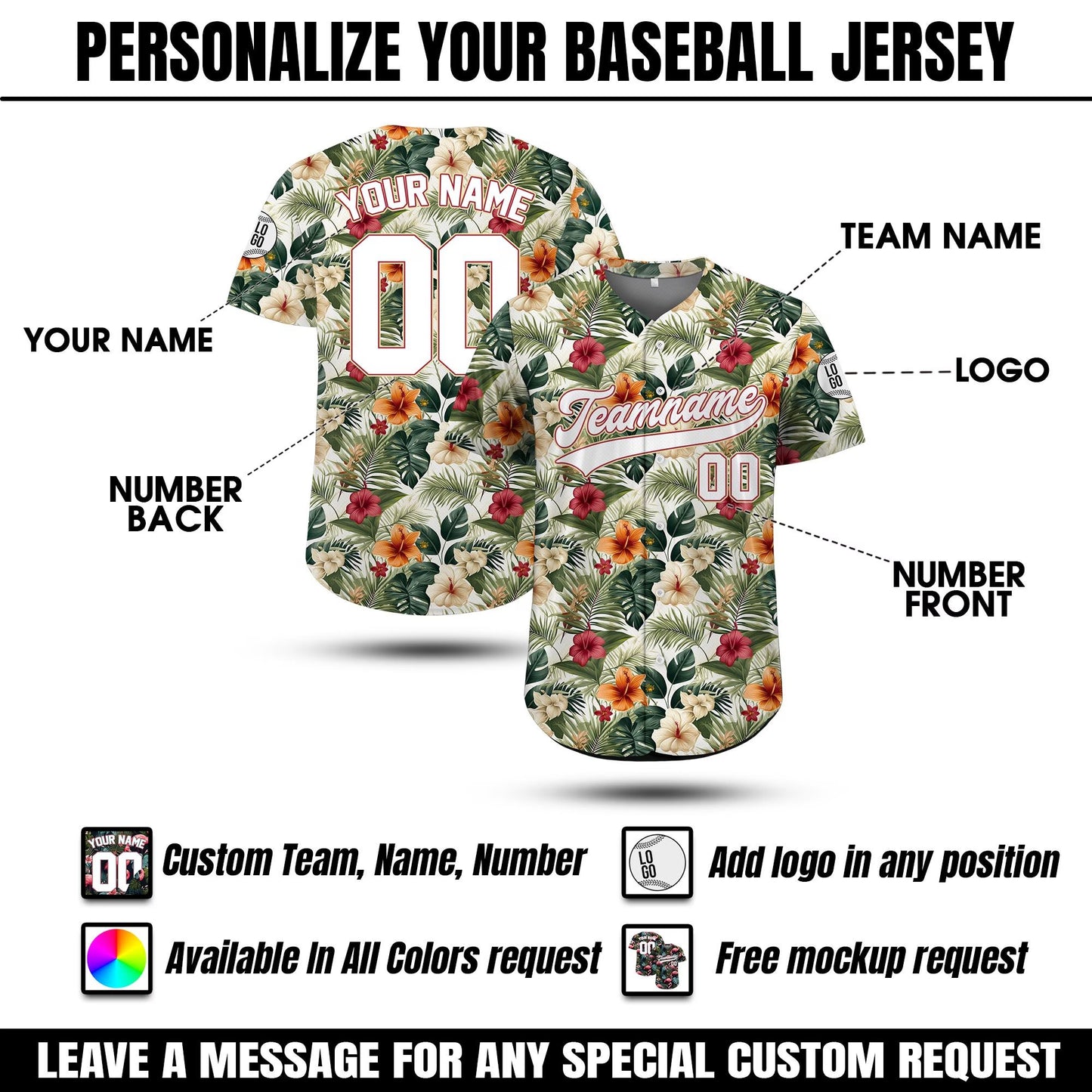 Personalized Hawaiian Baseball Jersey for Adult Youth Kid With, Custom Team Name Number Flower Beach Vacation Tropical Matching Jersey