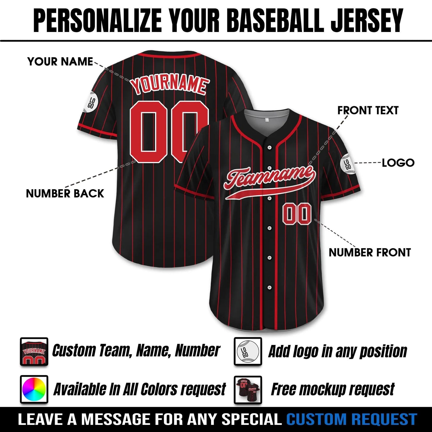 Personalized Baseball Jersey With Teamname Name Number, Jersey for Men Women Youth, Personalized Pinstripe Button Down Jersey Black Red