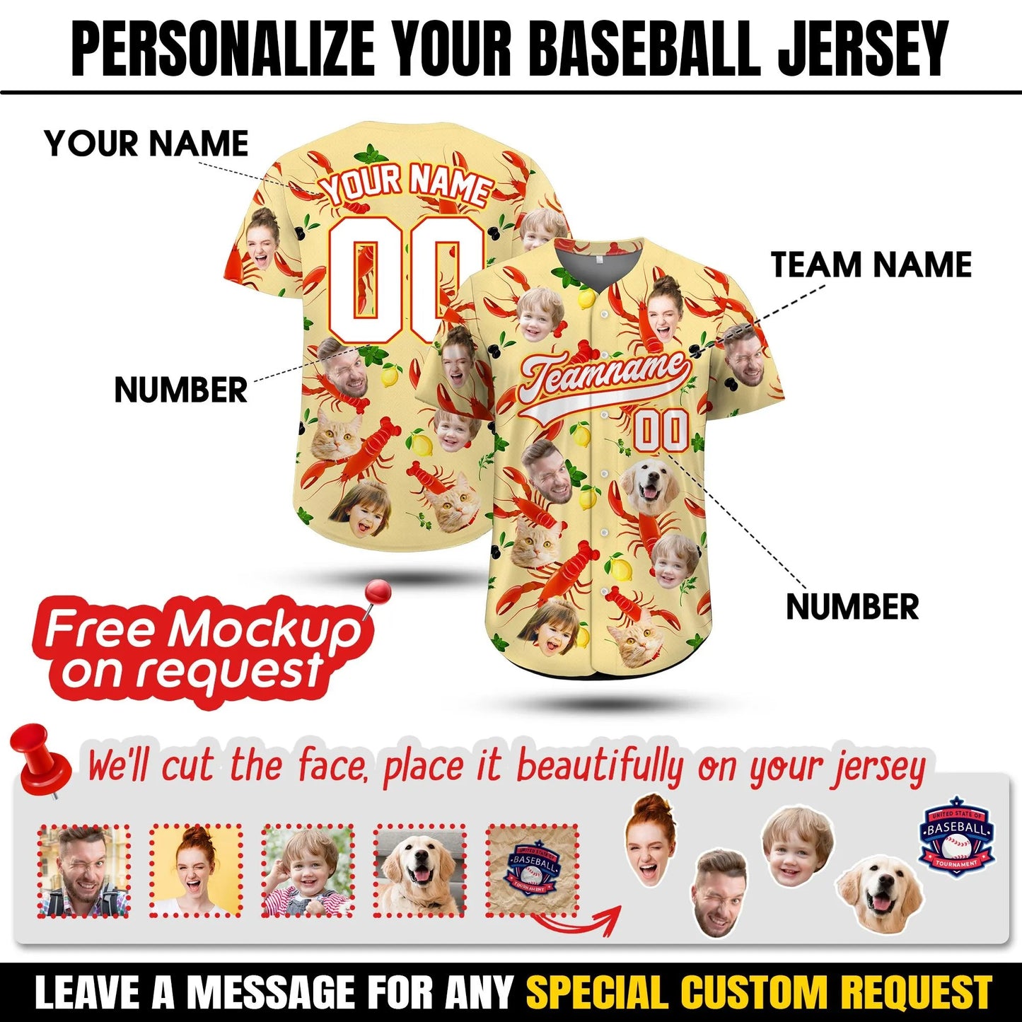 Custom Hawaiian Baseball Jersey With Face Personalized Jersey With Name Number Bachelor Party Shirt Family Matching Tee Crawfish Season