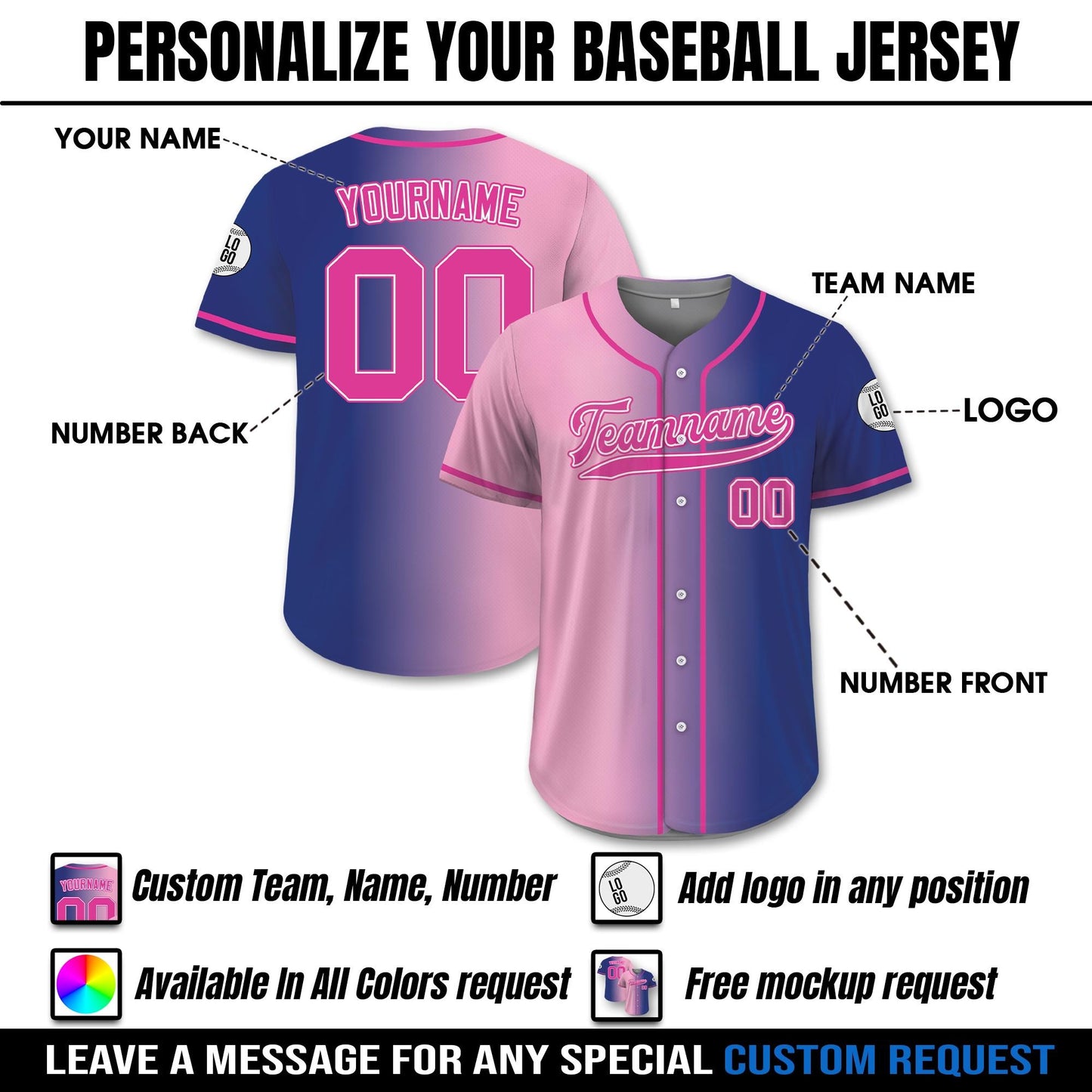 Printed Gradient Custom Baseball Jersey With Team Name Number Jerseys Shirt for Men Women Youth Kid Gifts for Baseball Fans Navy Pink