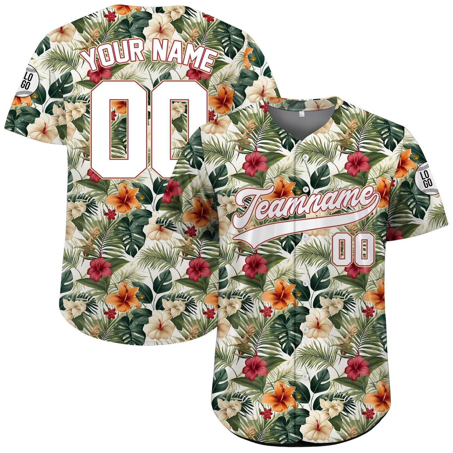 Personalized Hawaiian Baseball Jersey for Adult Youth Kid With, Custom Team Name Number Flower Beach Vacation Tropical Matching Jersey
