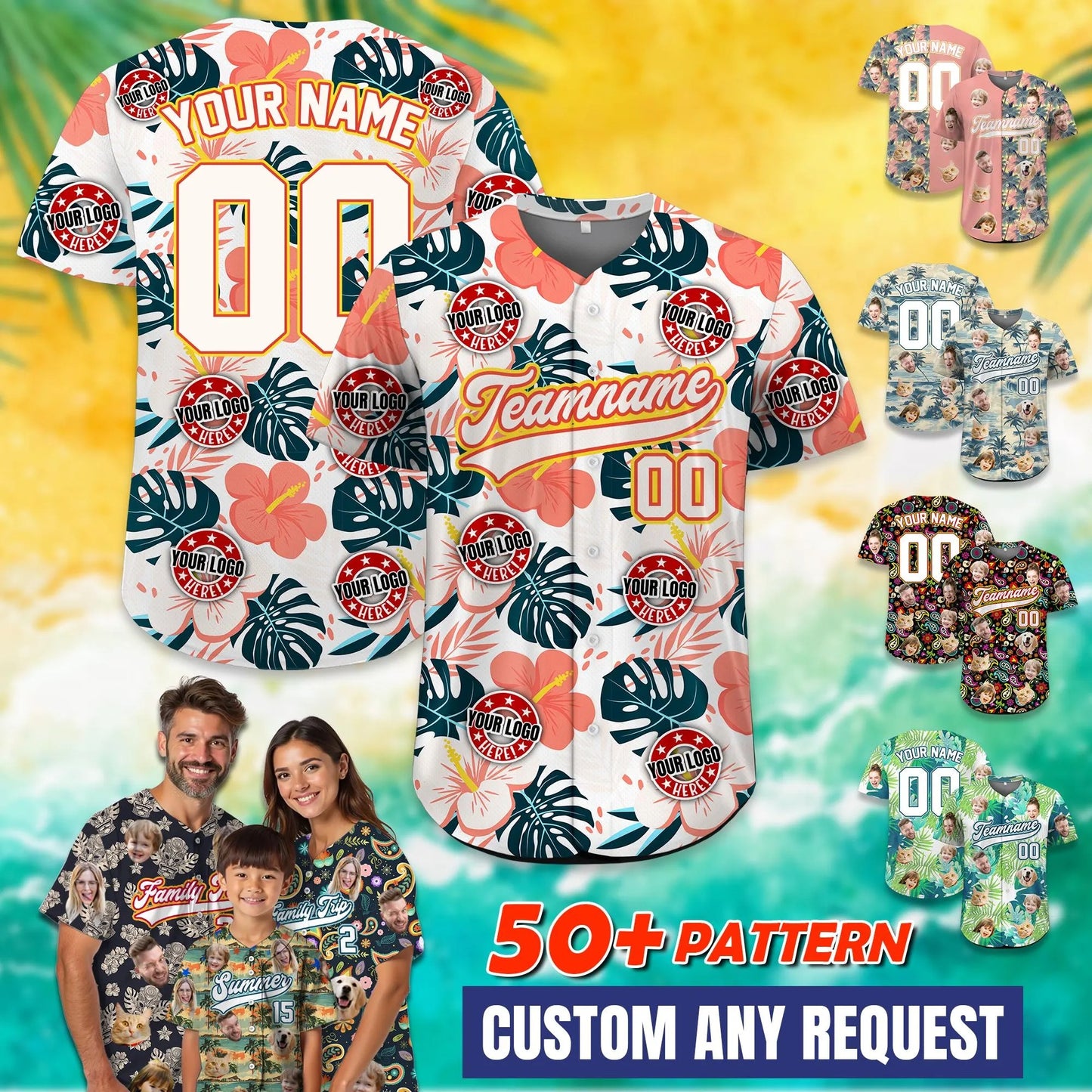 Custom Hawaiian Baseball Jersey With Logo, Personalized Logo Baseball Shirt for Adult Kid Picture Hawaiian Shirt for Summer Beach Party