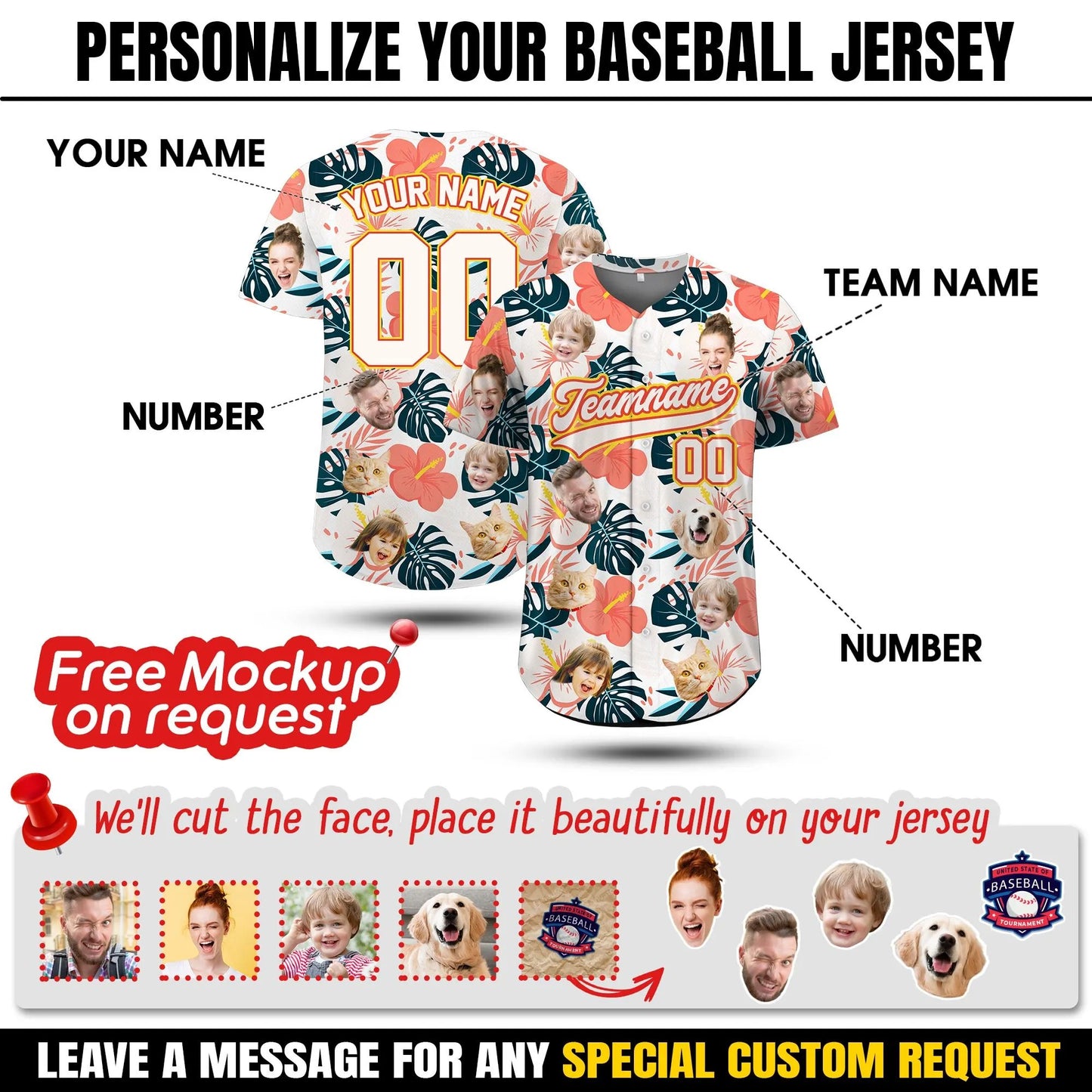 Custom Hawaiian Baseball Jersey With Logo, Personalized Logo Baseball Shirt for Adult Kid Picture Hawaiian Shirt for Summer Beach Party