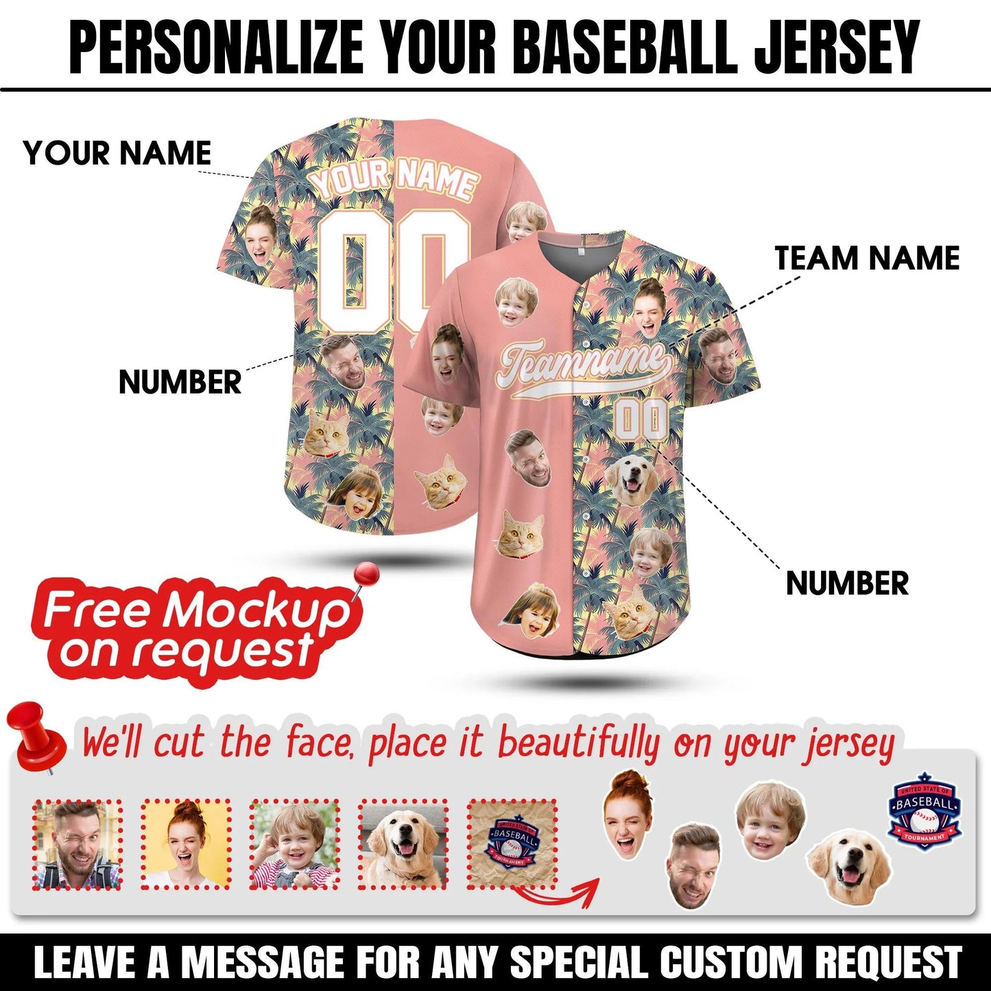 Custom Face Hawaiian Baseball Team Jersey With Name Number, Personalized Baseball Shirt for Men Women Youth Preschool Bachelor Party Shirt