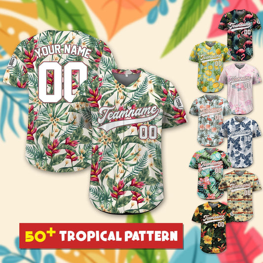 Personalized Hawaiian Baseball Jersey With Team Name Number Logo, Custom Beach Vacation Tropical Pattern Jersey, Leaf Shirt Baseball Jersey