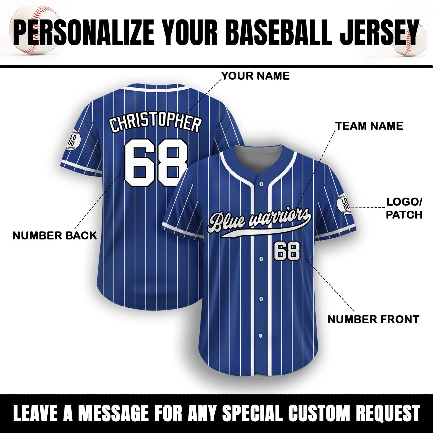 Custom Baseball Jersey With Teamname Name Number, Custom Jersey for Men Women Youth Kid,personalized Pinstripe Jersey Button Down Blue White