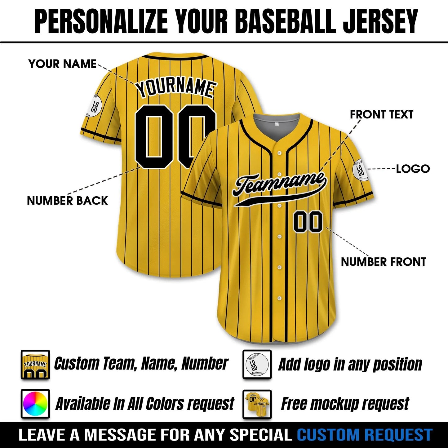 Custom Baseball Jersey With Teamname Name Number, Jersey for Men Women Youth, Personalized Pinstripe Yellow Black Button Down Jersey