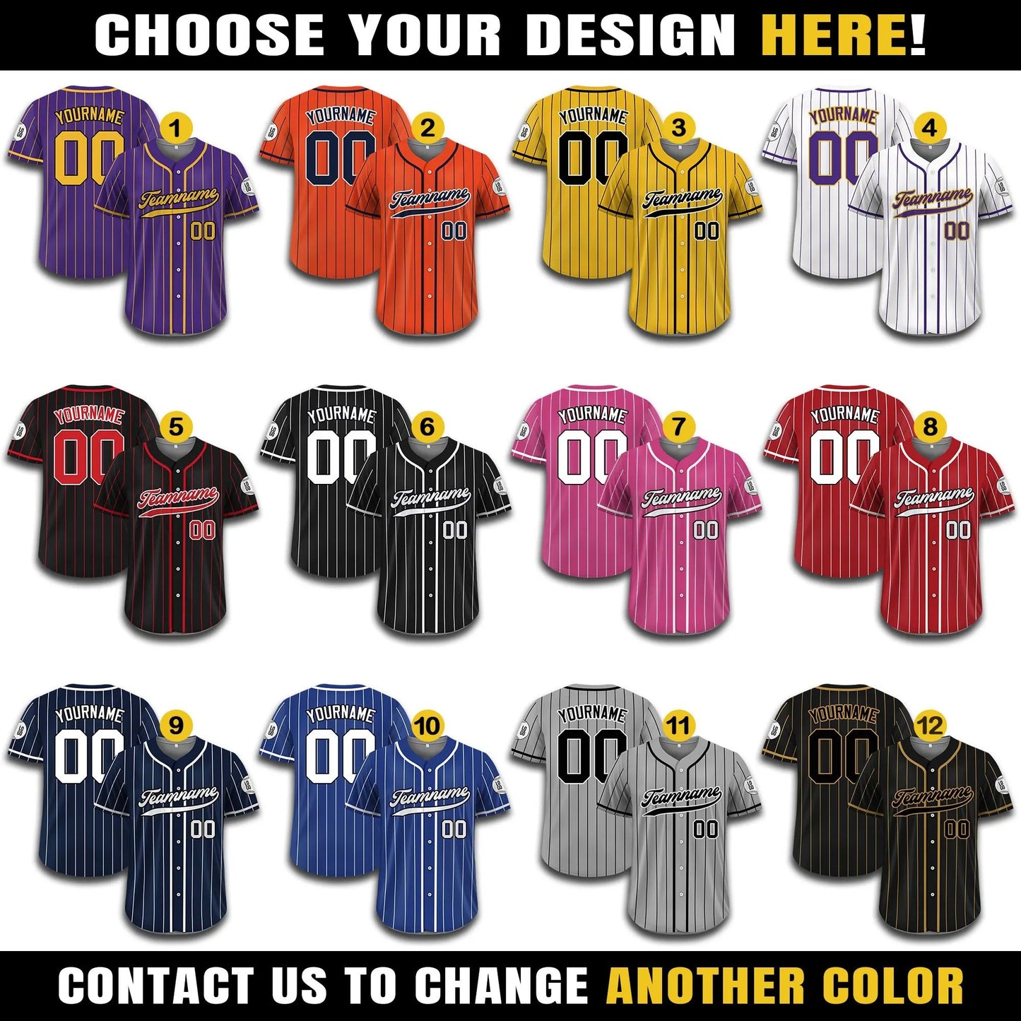 Custom Baseball Jersey With Teamname Name Number, Jersey for Men Women Youth, Personalized Pinstripe Yellow Black Button Down Jersey