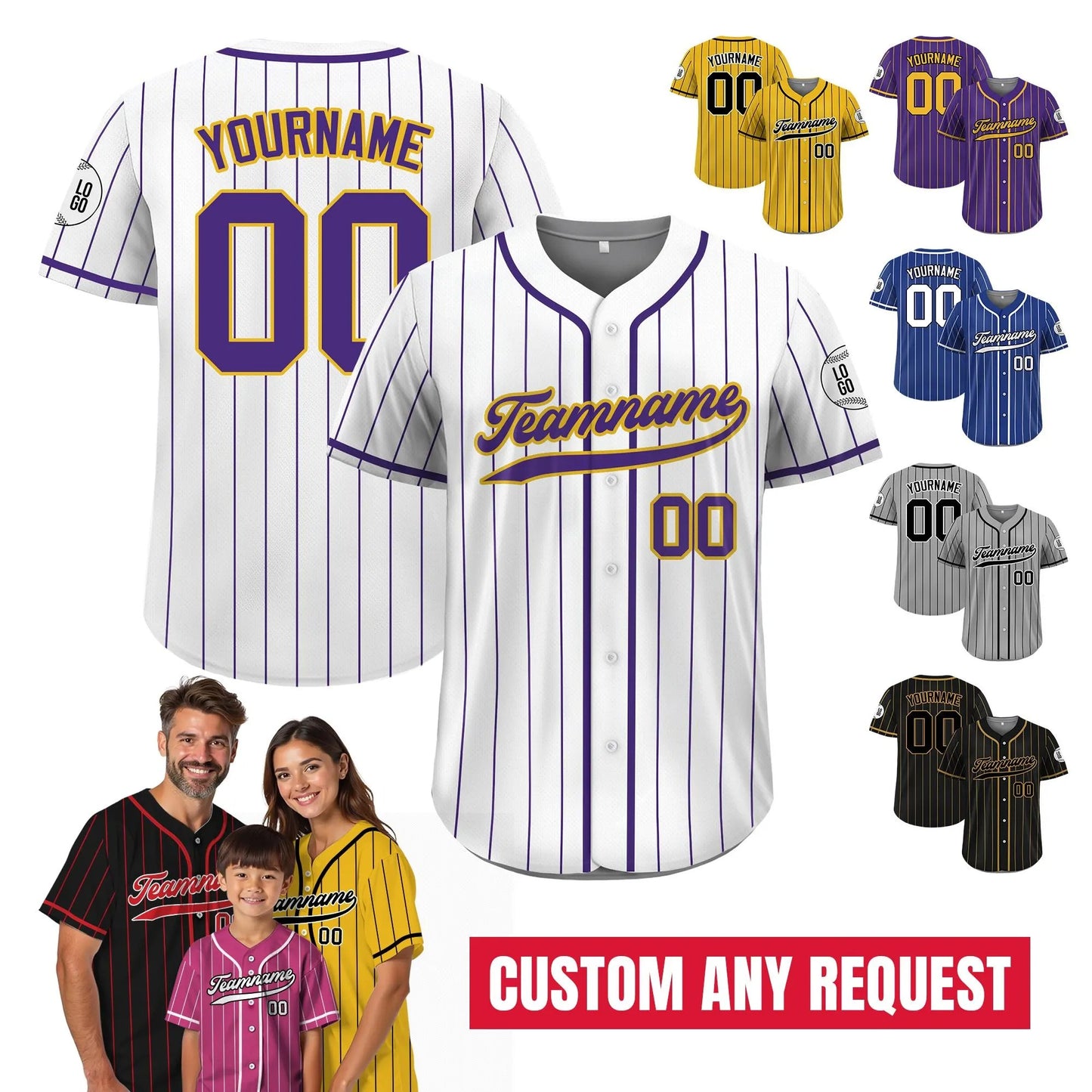 Custom Pinstripe Baseball Jersey With Teamname Name Number, Printed White Purple Pinstripe Button Down Jersey for Men Women Youth Preschool
