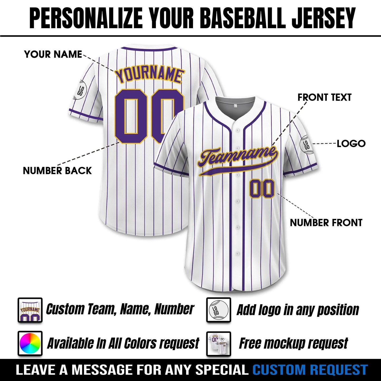 Custom Pinstripe Baseball Jersey With Teamname Name Number, Printed White Purple Pinstripe Button Down Jersey for Men Women Youth Preschool