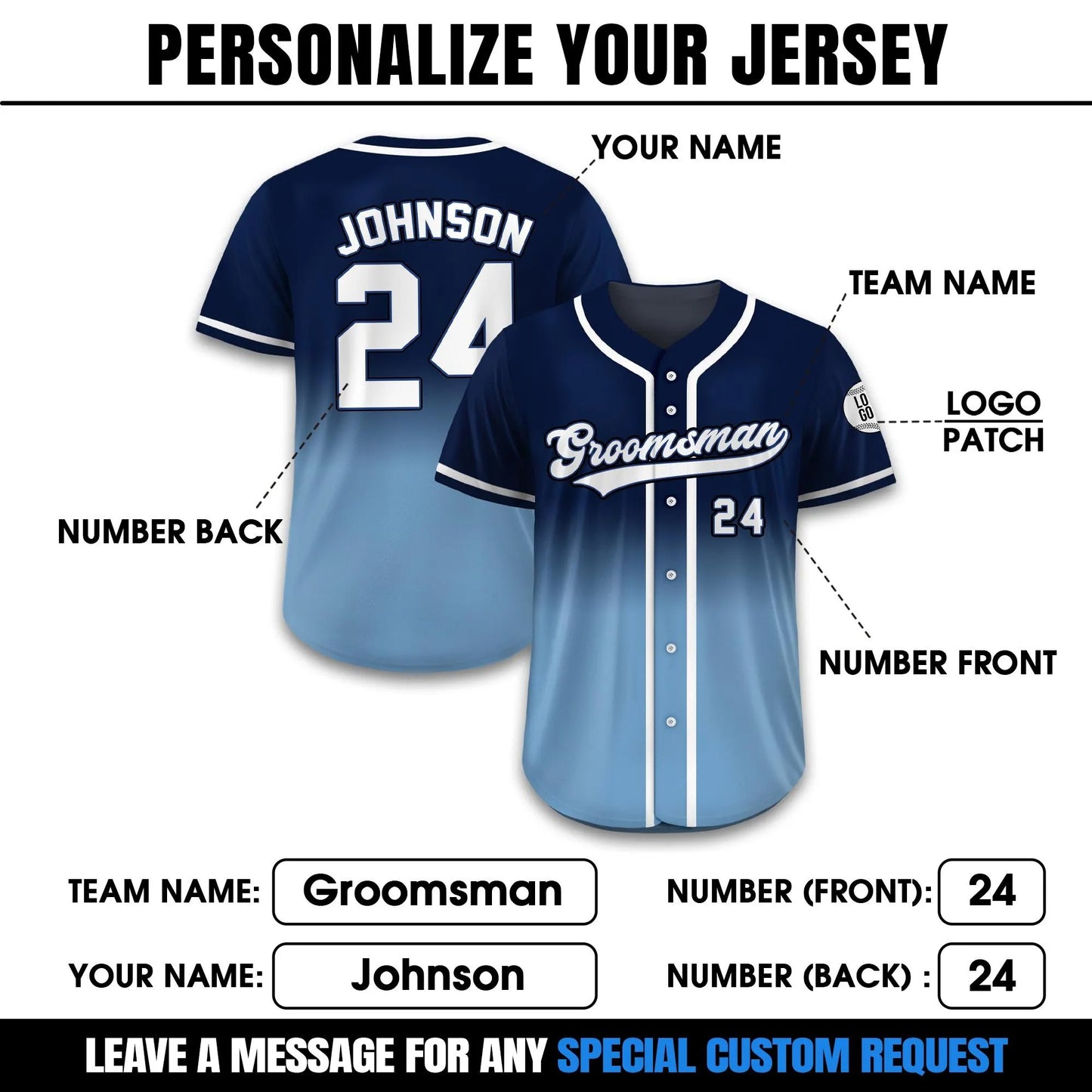 Gradient Custom Baseball Jersey With Teamname Name Number, Jerseys Shirt for Men Women Youth Kid, Gifts for Baseball Fans Printed Blue Navy