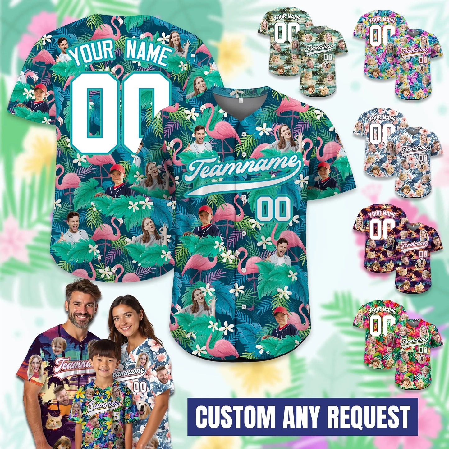 Custom Hawaiian Baseball Jersey With Face Teamname Name Number, Personalized Hawaii Floral Shirt for Men Women Youth Preschool Button Shirt