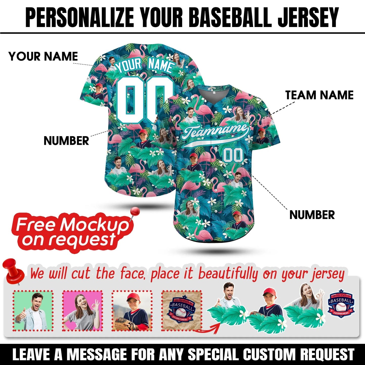 Custom Hawaiian Baseball Jersey With Face Teamname Name Number, Personalized Hawaii Floral Shirt for Men Women Youth Preschool Button Shirt