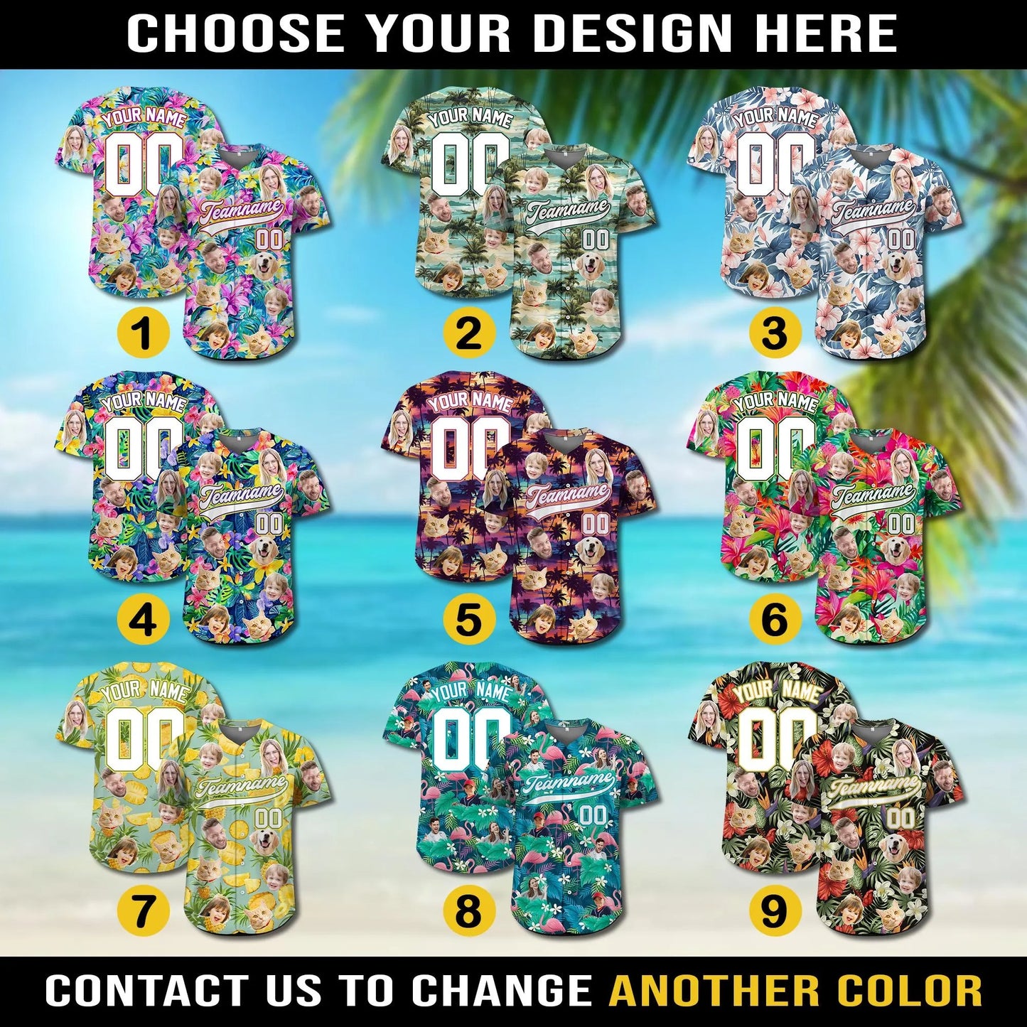 Custom Hawaiian Baseball Jersey With Face Teamname Name Number, Personalized Hawaii Floral Shirt for Men Women Youth Preschool Button Shirt