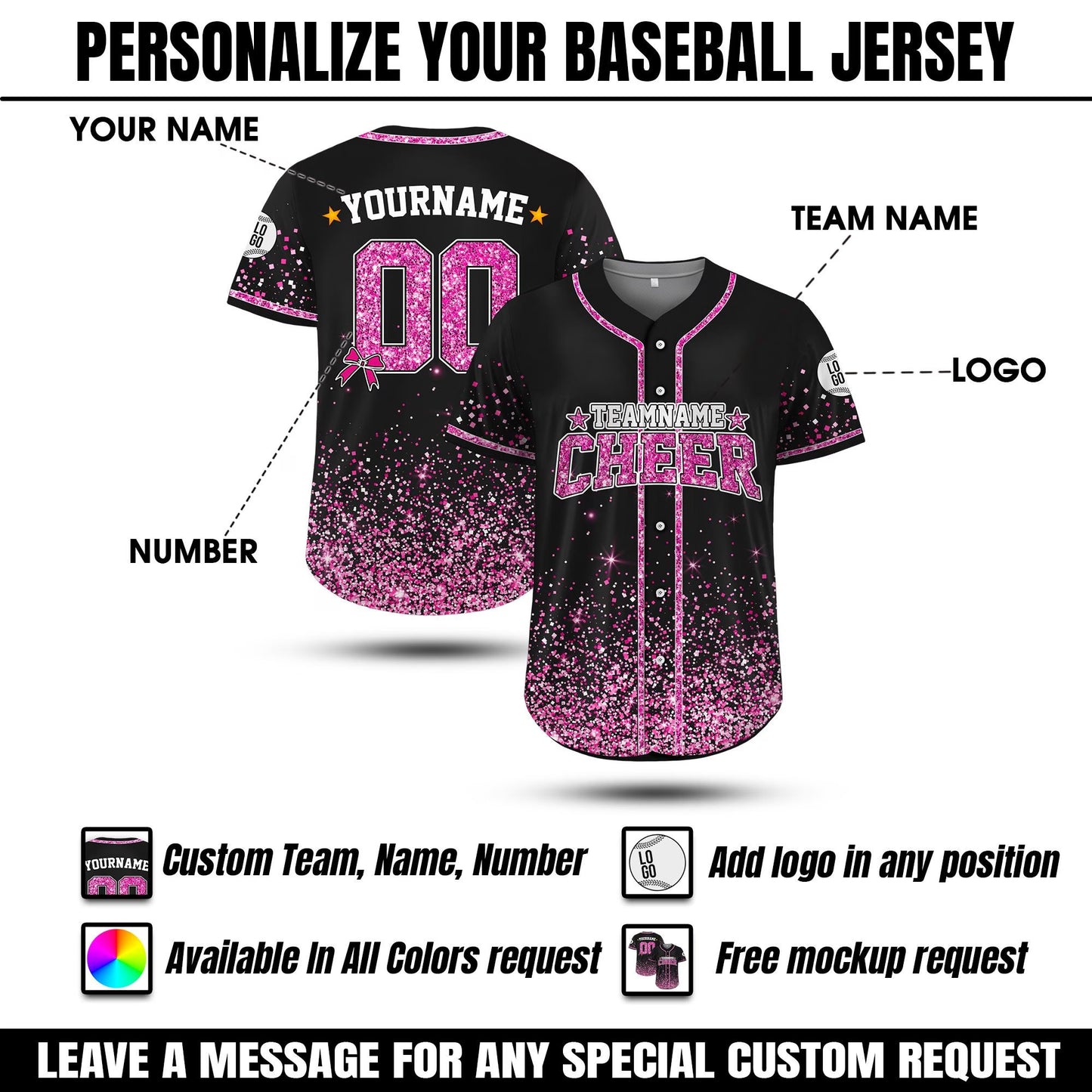 Custom Glitter Baseball Jersey With Team Name Number for Adult Kid, Custom Name Cheerleading Shirt for Cheerleader,faux Cheer Glitter Jersey