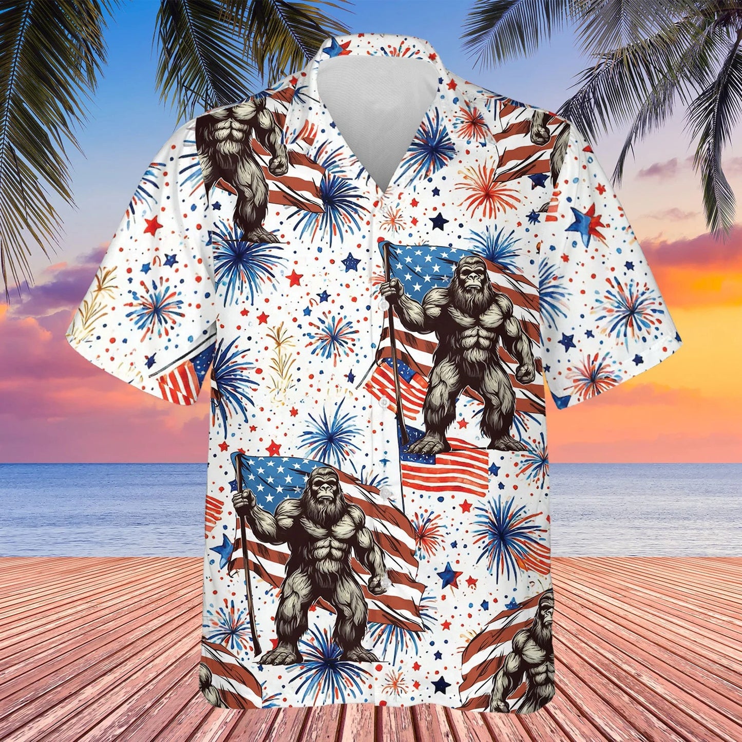 4th of July Firework Bigfoot Hawaiian Shirt Independence Day Aloha Shirt Bigfoot Shirts, 4th of July Gift USA Flag Shirt