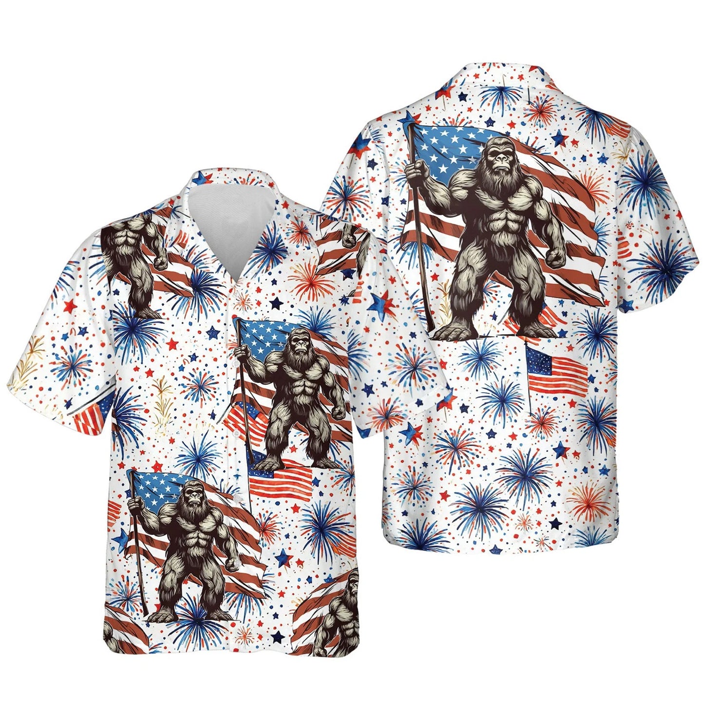 4th of July Firework Bigfoot Hawaiian Shirt Independence Day Aloha Shirt Bigfoot Shirts, 4th of July Gift USA Flag Shirt