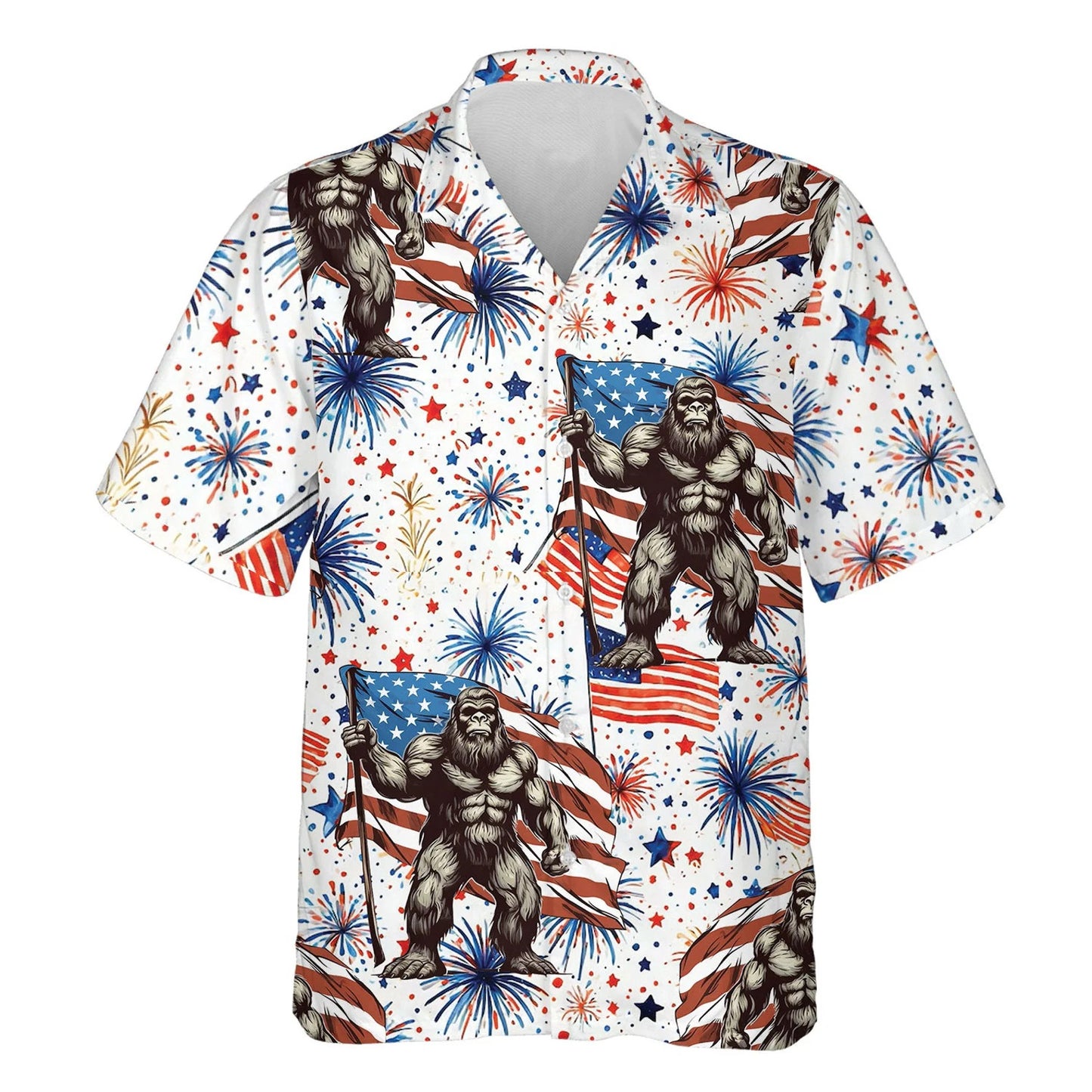 4th of July Firework Bigfoot Hawaiian Shirt Independence Day Aloha Shirt Bigfoot Shirts, 4th of July Gift USA Flag Shirt