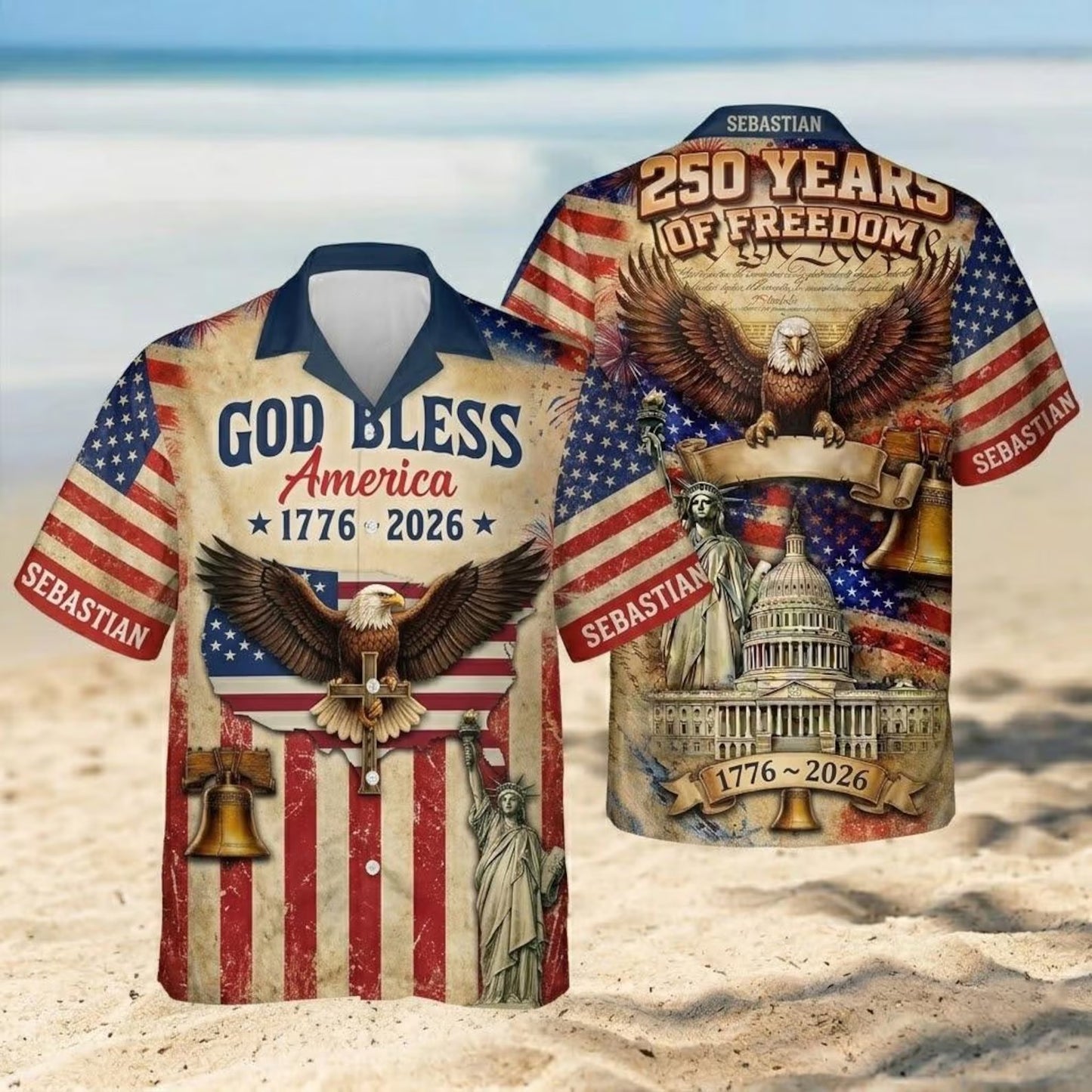 Custom Name Unisex USA 250th Anniversary Hawaiian Shirt - Patriotic Eagle 1776-2026 Beach Shirt Gifts for Women, Men