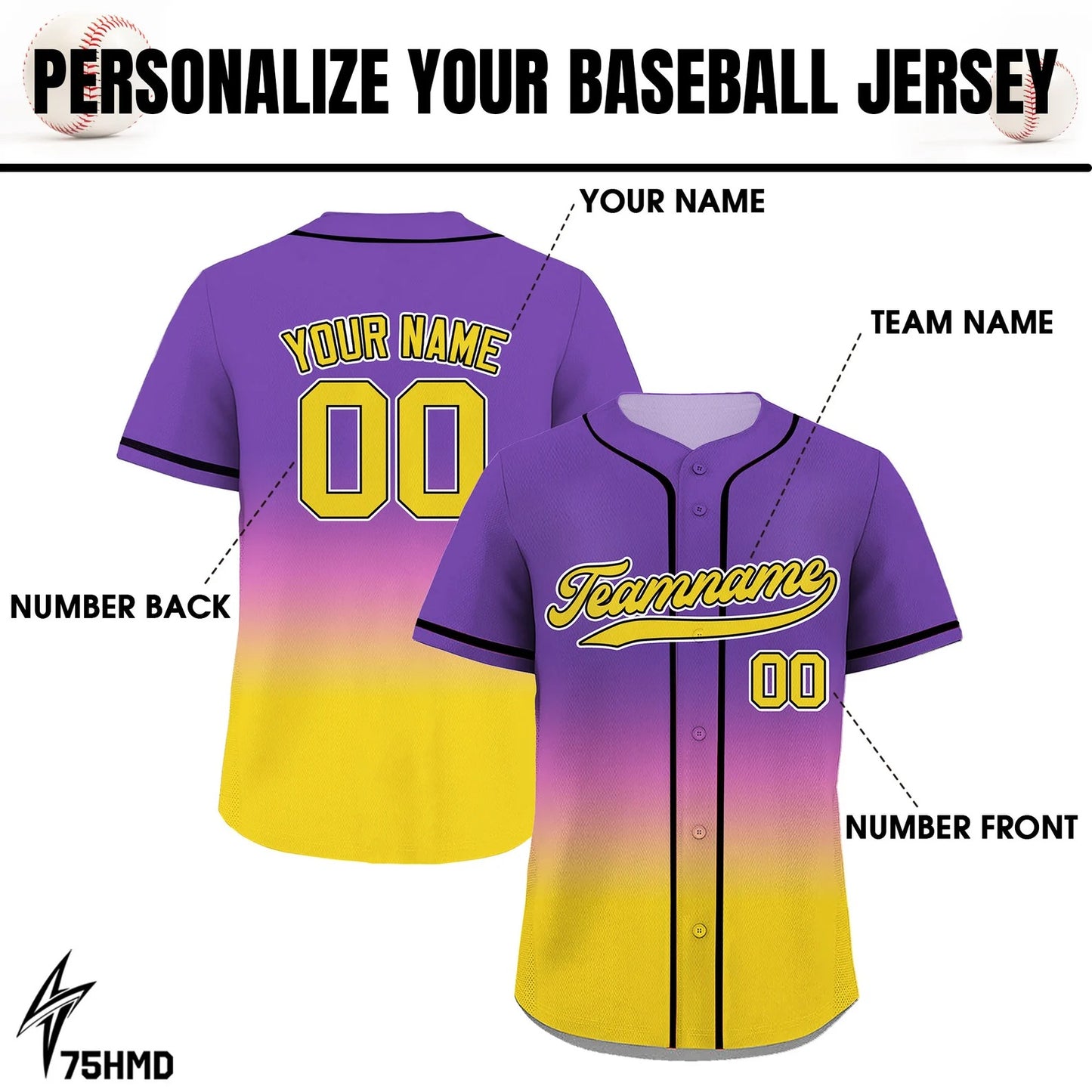 Custom Gradient Baseball Jersey With Team Name Number, Custom Jersey Shirt for Men Women Youth Kid, Gift for Baseball Fan Gift Purple Yellow