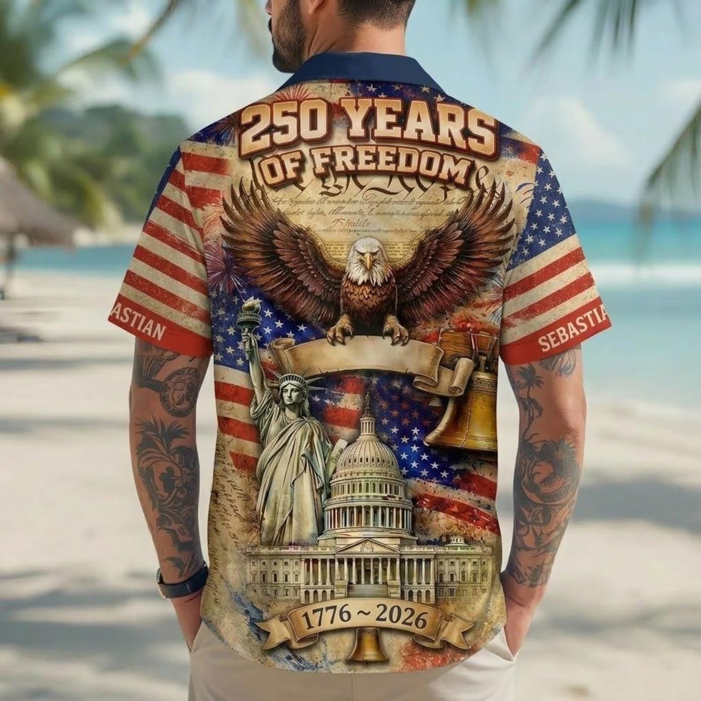 Custom Name Unisex USA 250th Anniversary Hawaiian Shirt - Patriotic Eagle 1776-2026 Beach Shirt Gifts for Women, Men