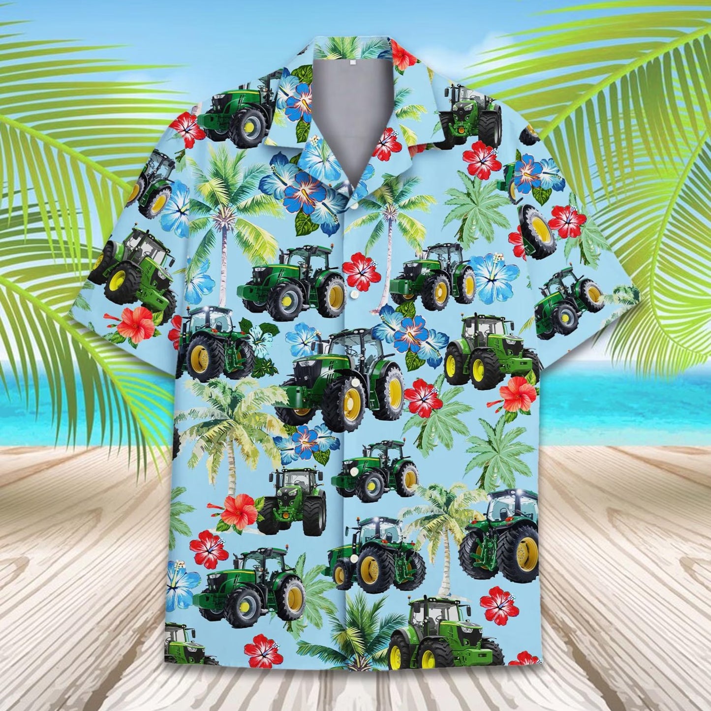 Farm Tractor Hawaiian Shirt for Men Women Youth, Tropical Farmer Aloha Shirt Button Down Short Sleeve, Farming Gift for Him