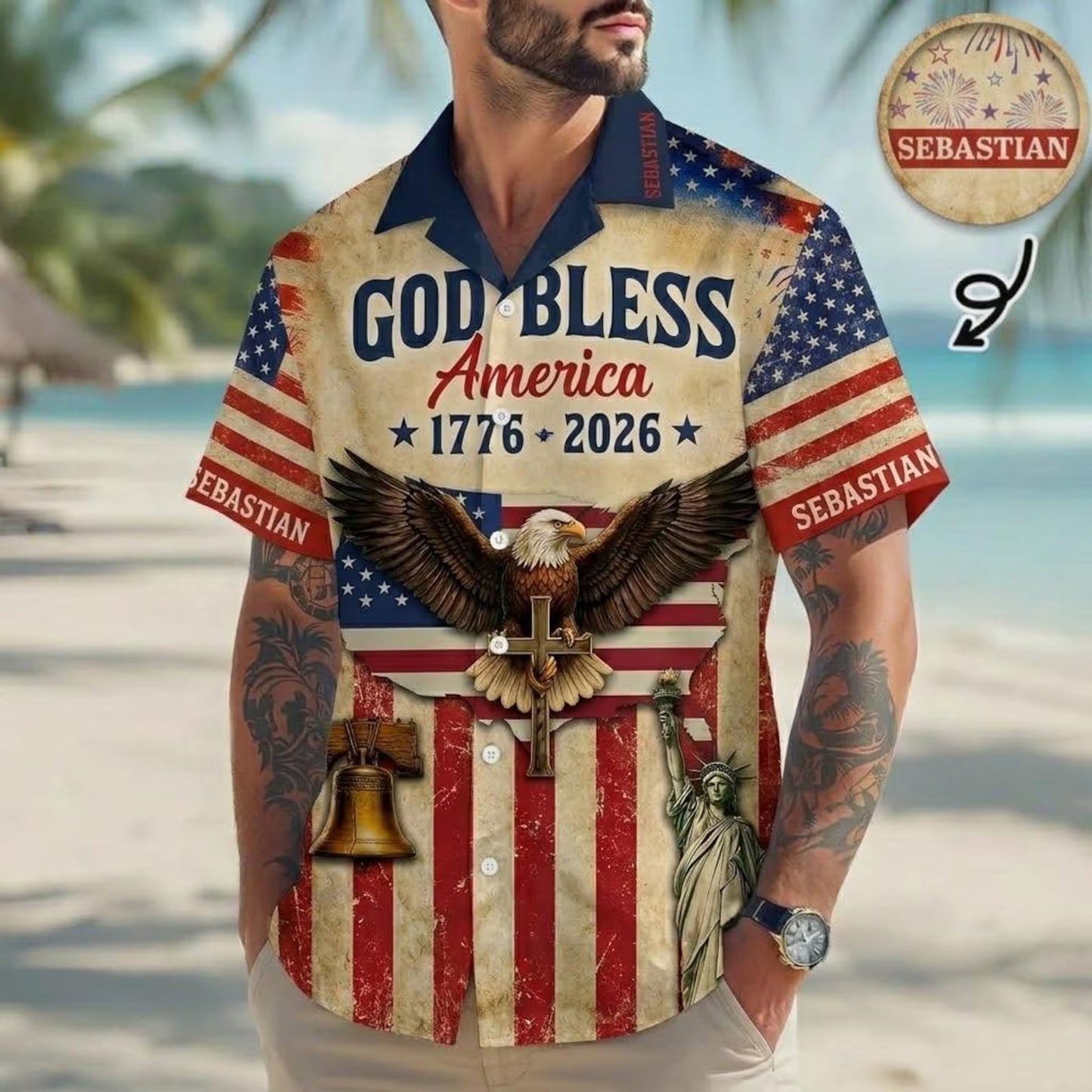 Custom Name Unisex USA 250th Anniversary Hawaiian Shirt - Patriotic Eagle 1776-2026 Beach Shirt Gifts for Women, Men