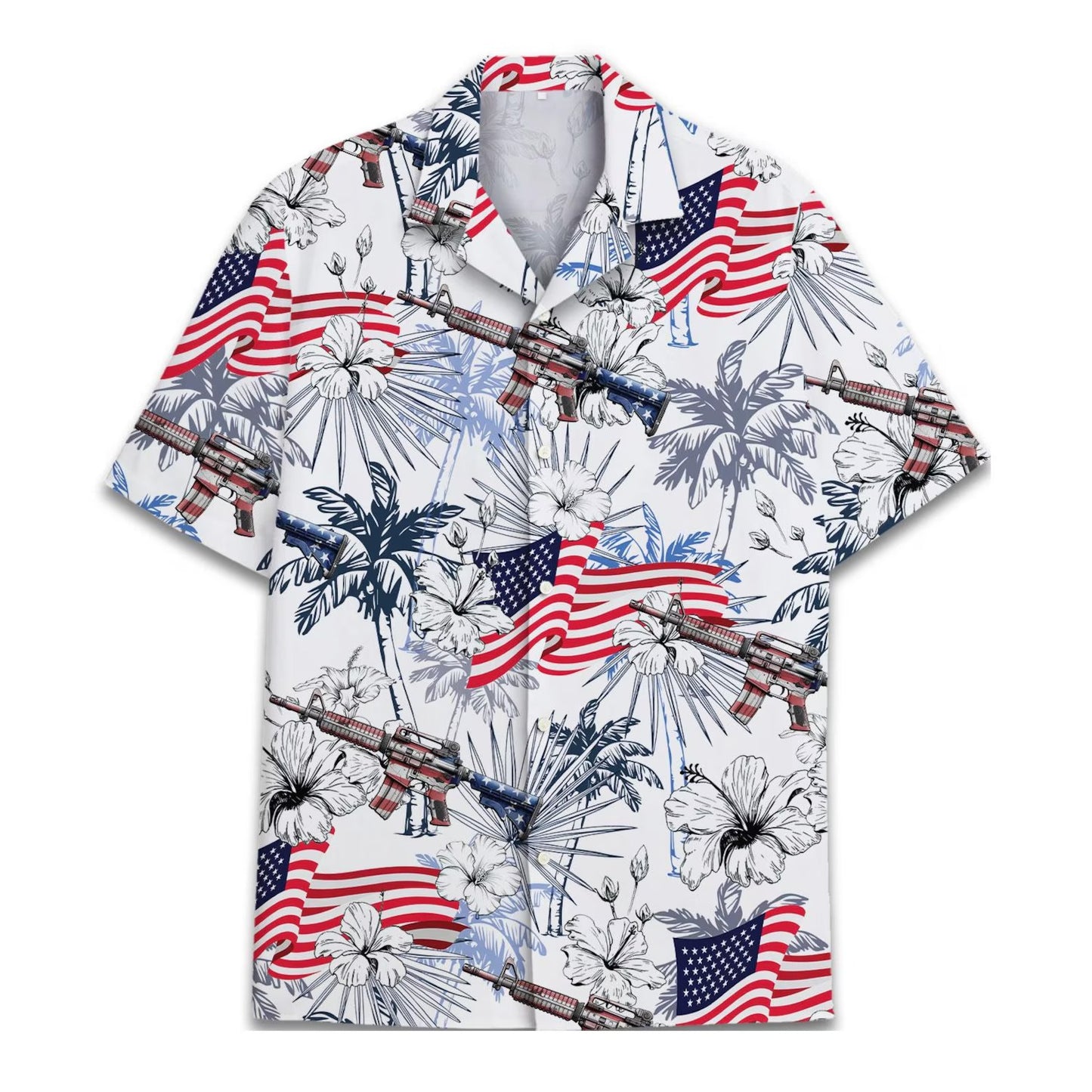 American Flag Gun Hawaiian Shirt, Patriotic 4th of July Aloha Shirt