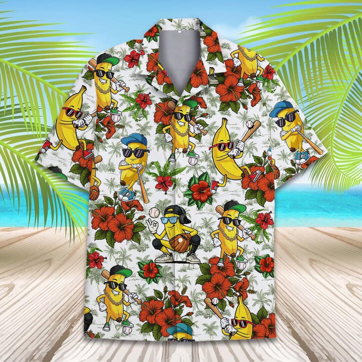 Banana Baseball Hawaiian Shirt Men Women Youth, Funny Tropical Fruit Sports Print, Summer Beach Vacation Short Sleeve Button up Shirt