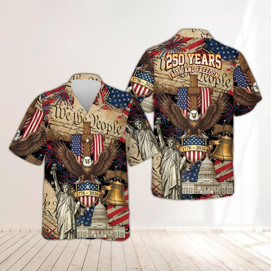 250 Years of Freedom Button Shirt, Retro America 250th Anniversary Hawaiian Shirt, Patriotic Eagle Statue of Liberty Independence Day Gift