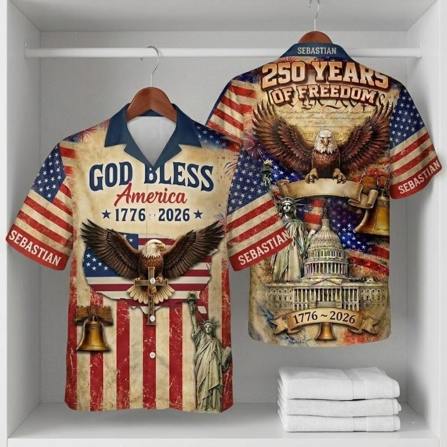 Custom Name Unisex USA 250th Anniversary Hawaiian Shirt - Patriotic Eagle 1776-2026 Beach Shirt Gifts for Women, Men