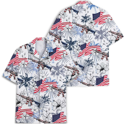 American Flag Gun Hawaiian Shirt, Patriotic 4th of July Aloha Shirt