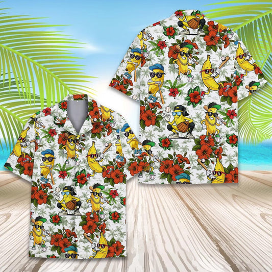 Banana Baseball Hawaiian Shirt Men Women Youth, Funny Tropical Fruit Sports Print, Summer Beach Vacation Short Sleeve Button up Shirt