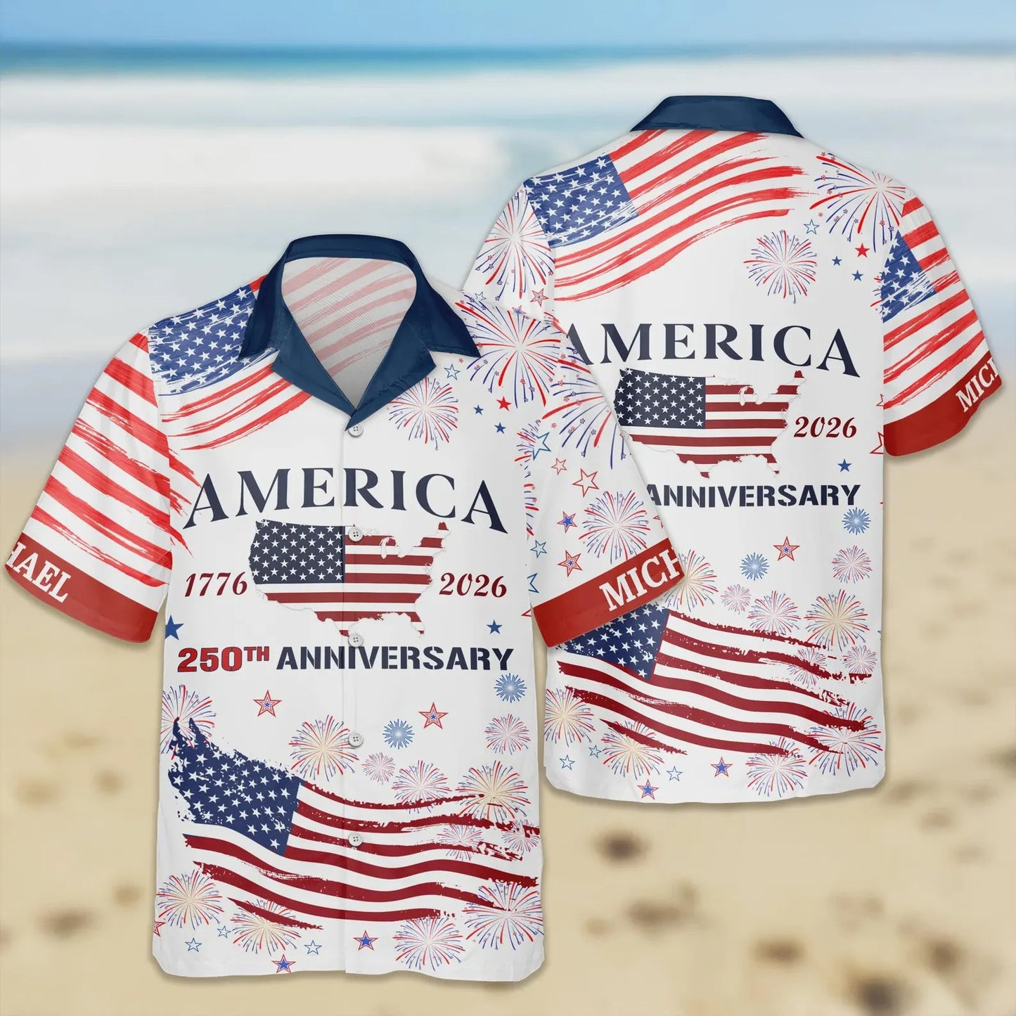 Personalized USA 250th Anniversary Hawaiian Shirt – Custom Name Patriotic Eagle 1776-2026